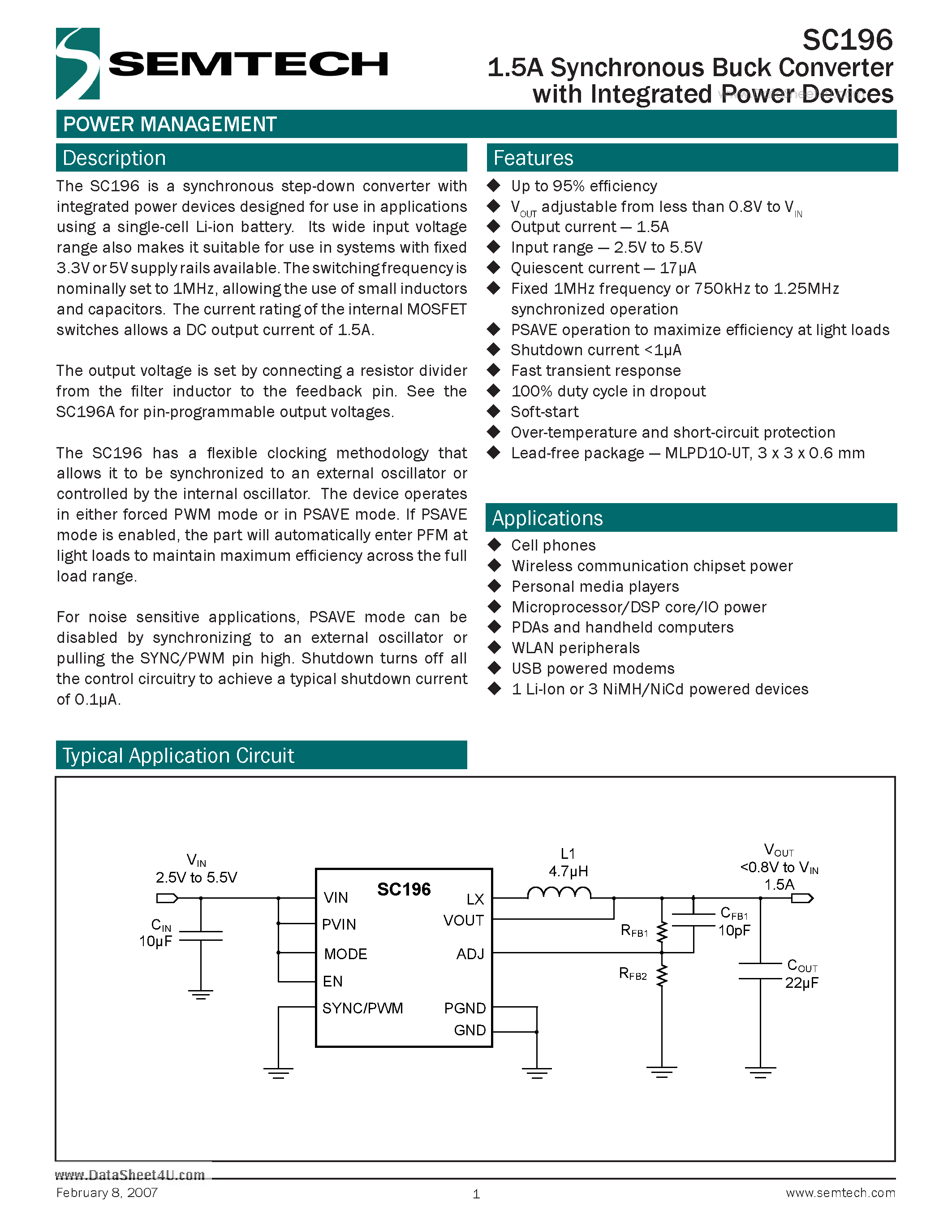 Даташит на микросхему SC196 страница 1 Даташит SC196 - 1.5A Synchronous Buck Converter страница 1