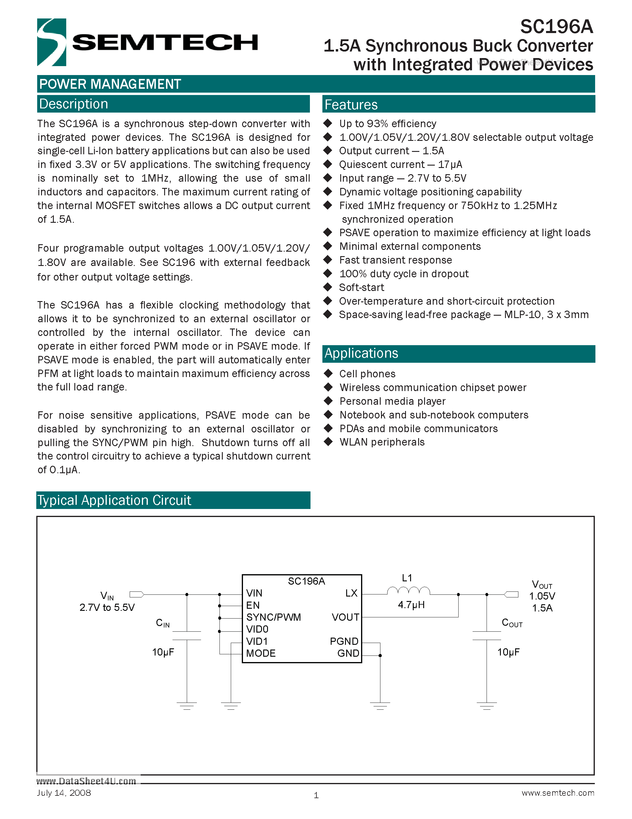 Даташит на микросхему SC196A страница 1 Даташит SC196A - 1.5A Synchronous Buck Converter страница 1