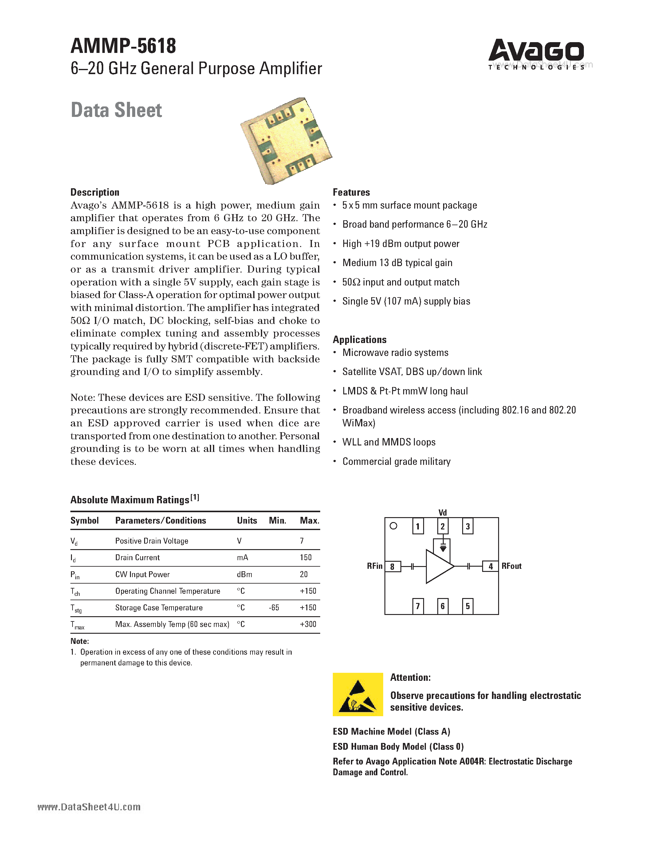 Даташит на микросхему AMMP-5618 страница 1 Даташит AMMP-5618 - 6-20 GHz General Purpose Amplifier страница 1