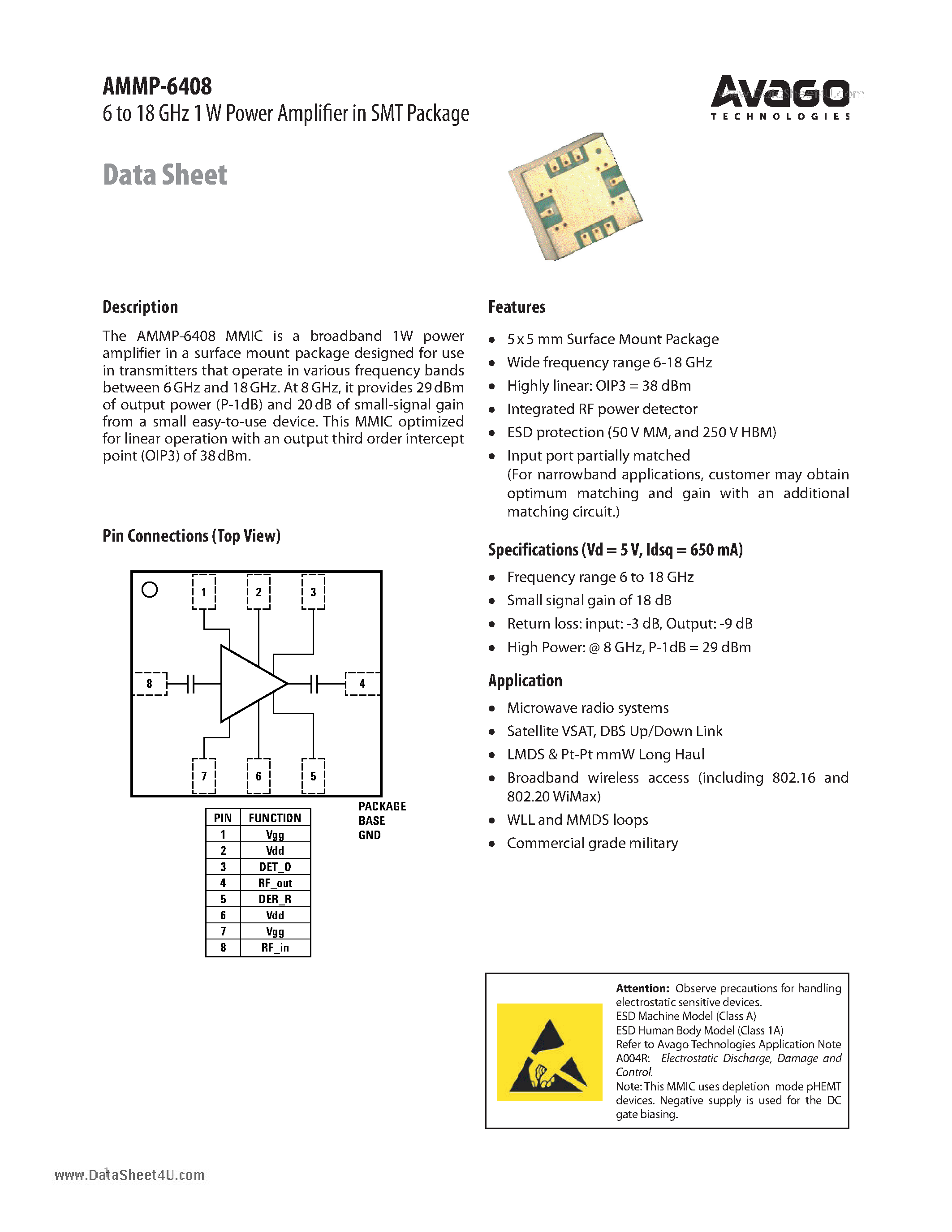 Datasheet AMMP-6408 - 6 to 18 GHz 1 W Power Amplifer page 1