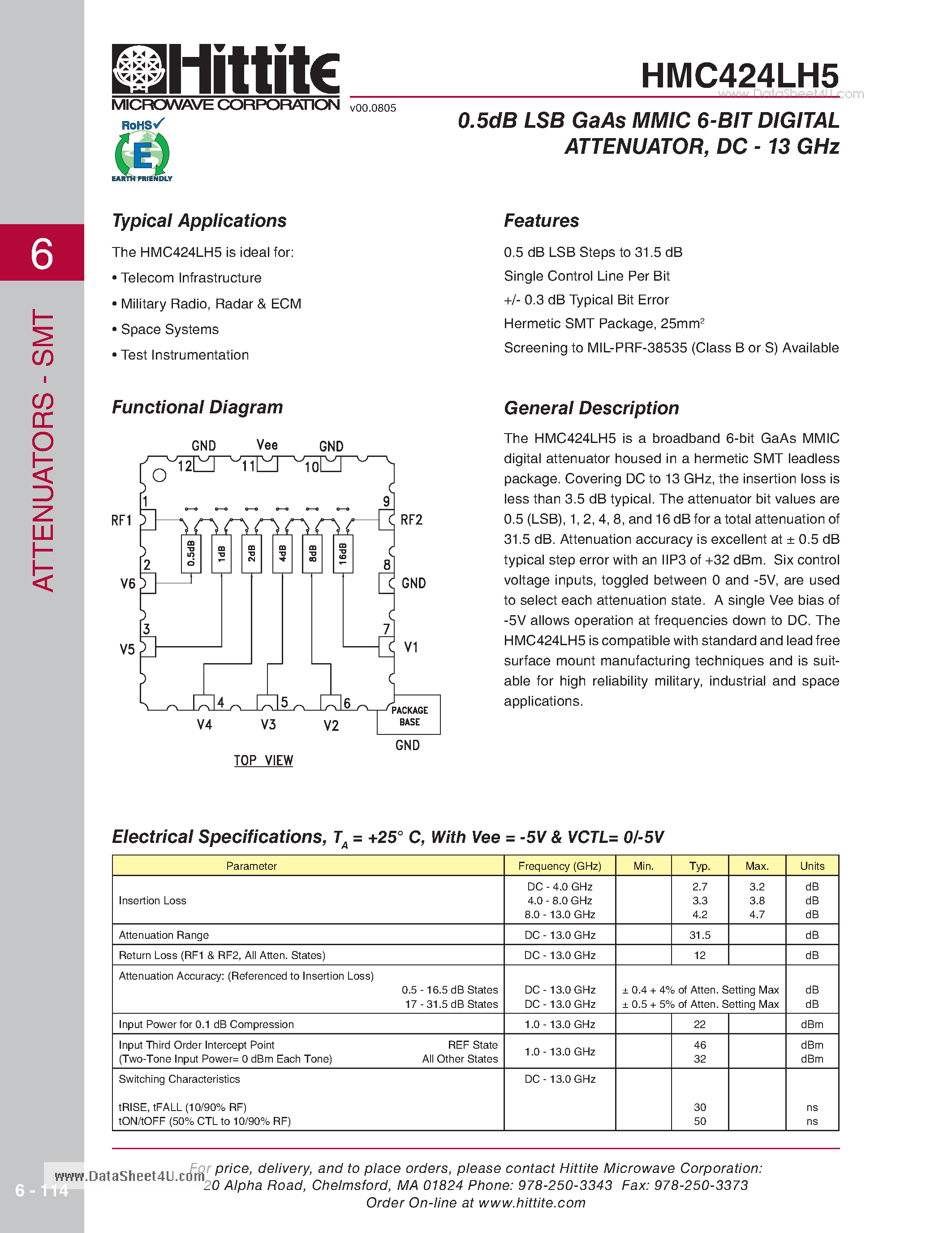 Datasheet HMC424LH5 page 1 Datasheet HMC424LH5 - 0.5dB LSB GaAs MMIC 6-BIT DIGITAL ATTENUATOR page 1