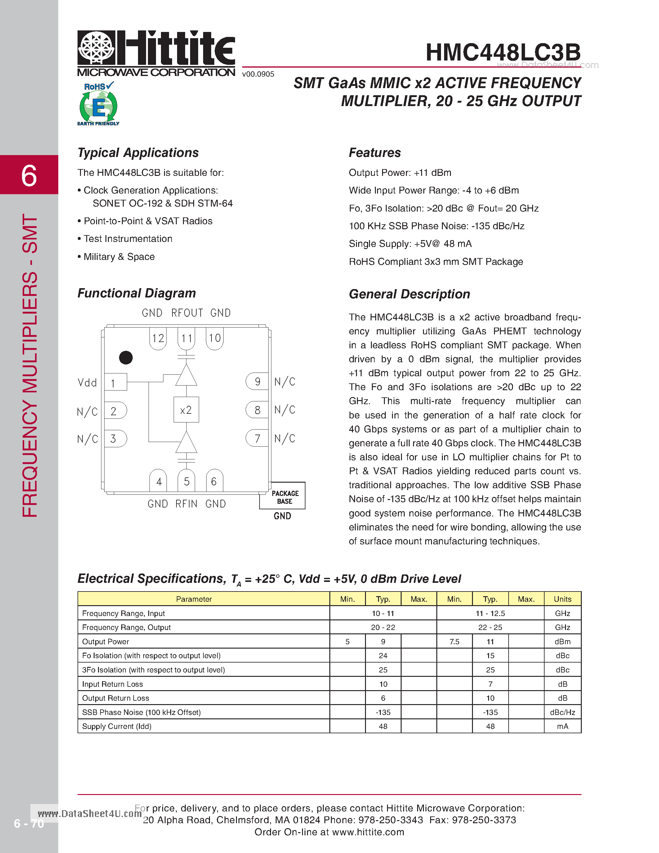Даташит HMC448LC3B - SMT GaAs MMIC x2 ACTIVE FREQUENCY MULTIPLIER страница 1