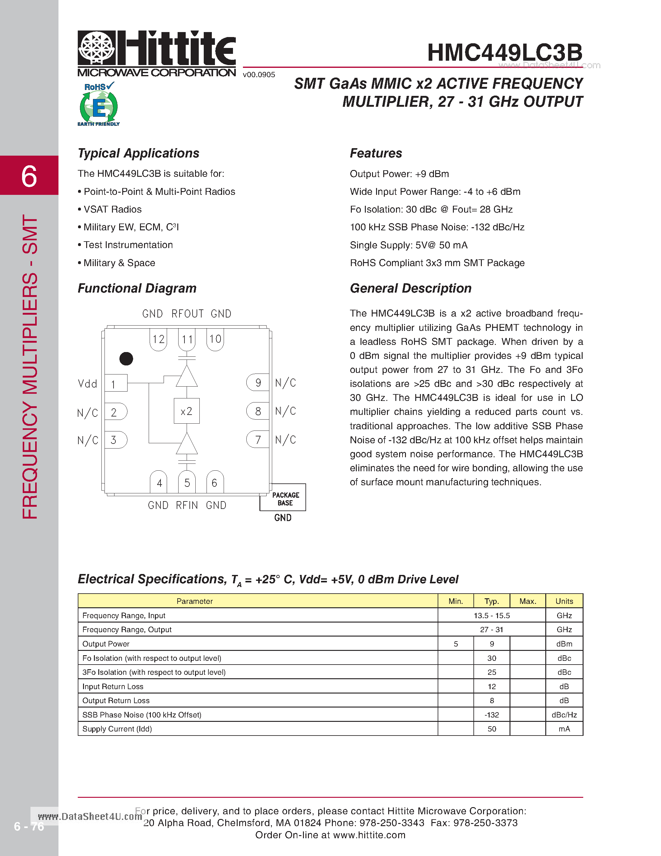Даташит HMC449LC3B - SMT GaAs MMIC x2 ACTIVE FREQUENCY MULTIPLIER страница 1