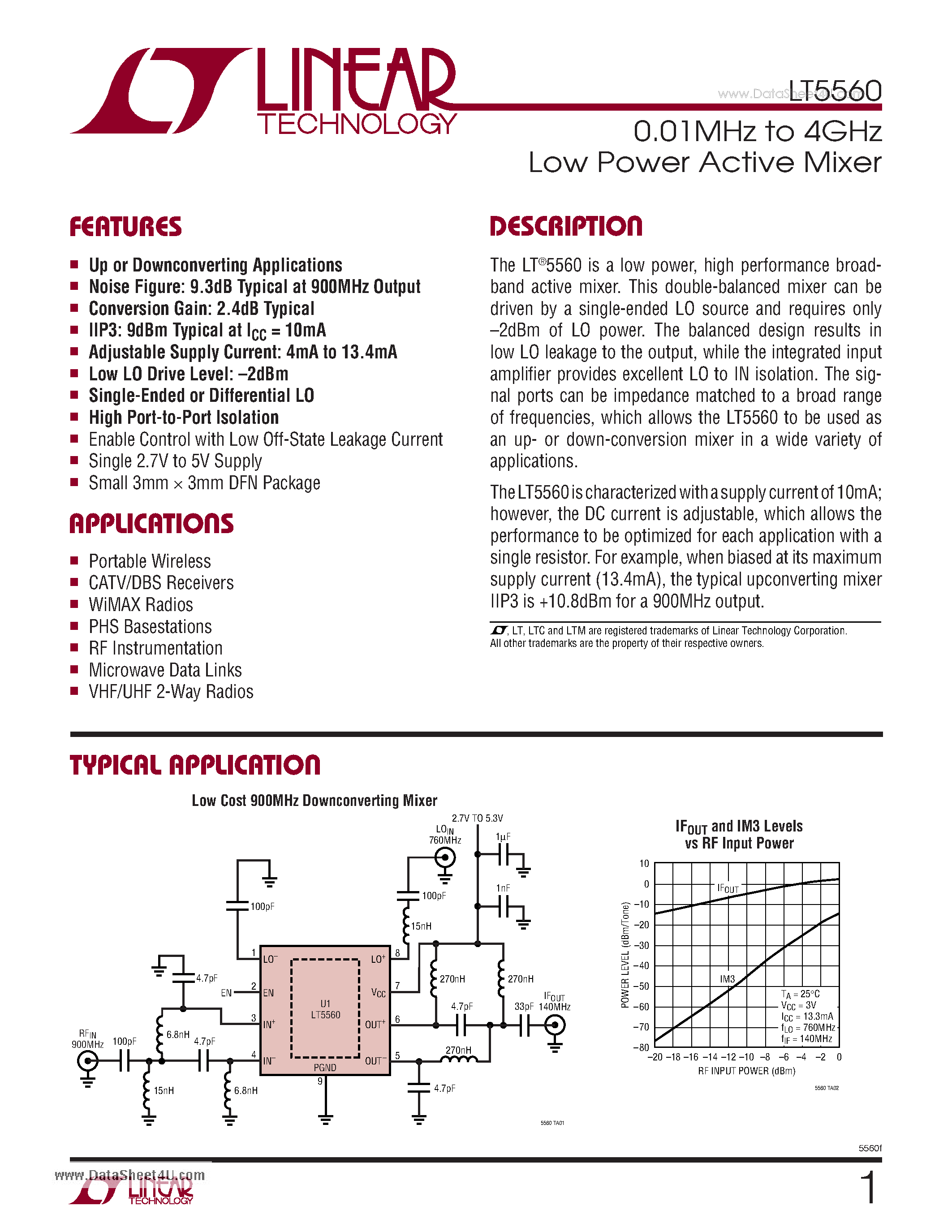 Даташит LT5560 - 0.01MHz to 4GHz Low Power Active Mixer страница 1