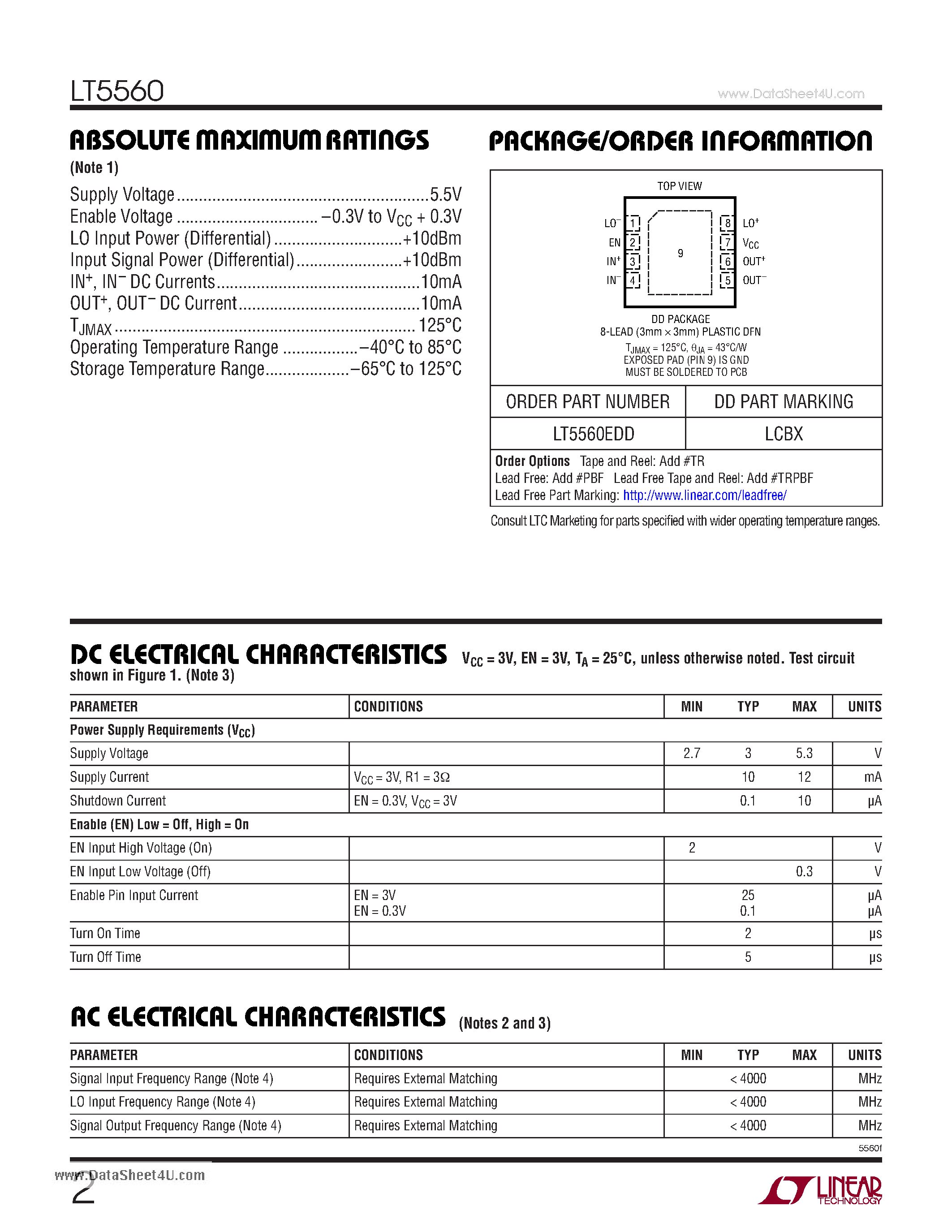 Даташит LT5560 - 0.01MHz to 4GHz Low Power Active Mixer страница 2