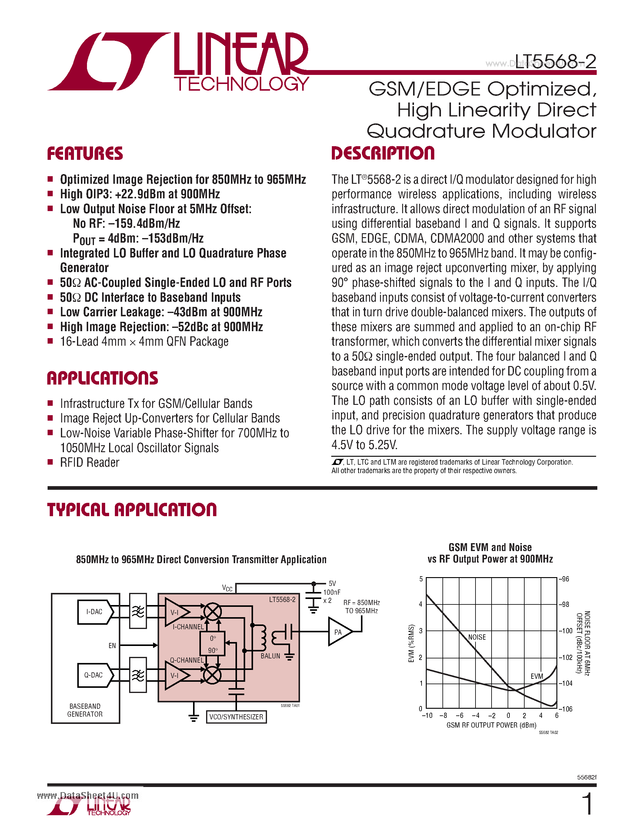 Datasheet LT5568-2 page 1 Datasheet LT5568-2 - High Linearity Direct Quadrature Modulator page 1