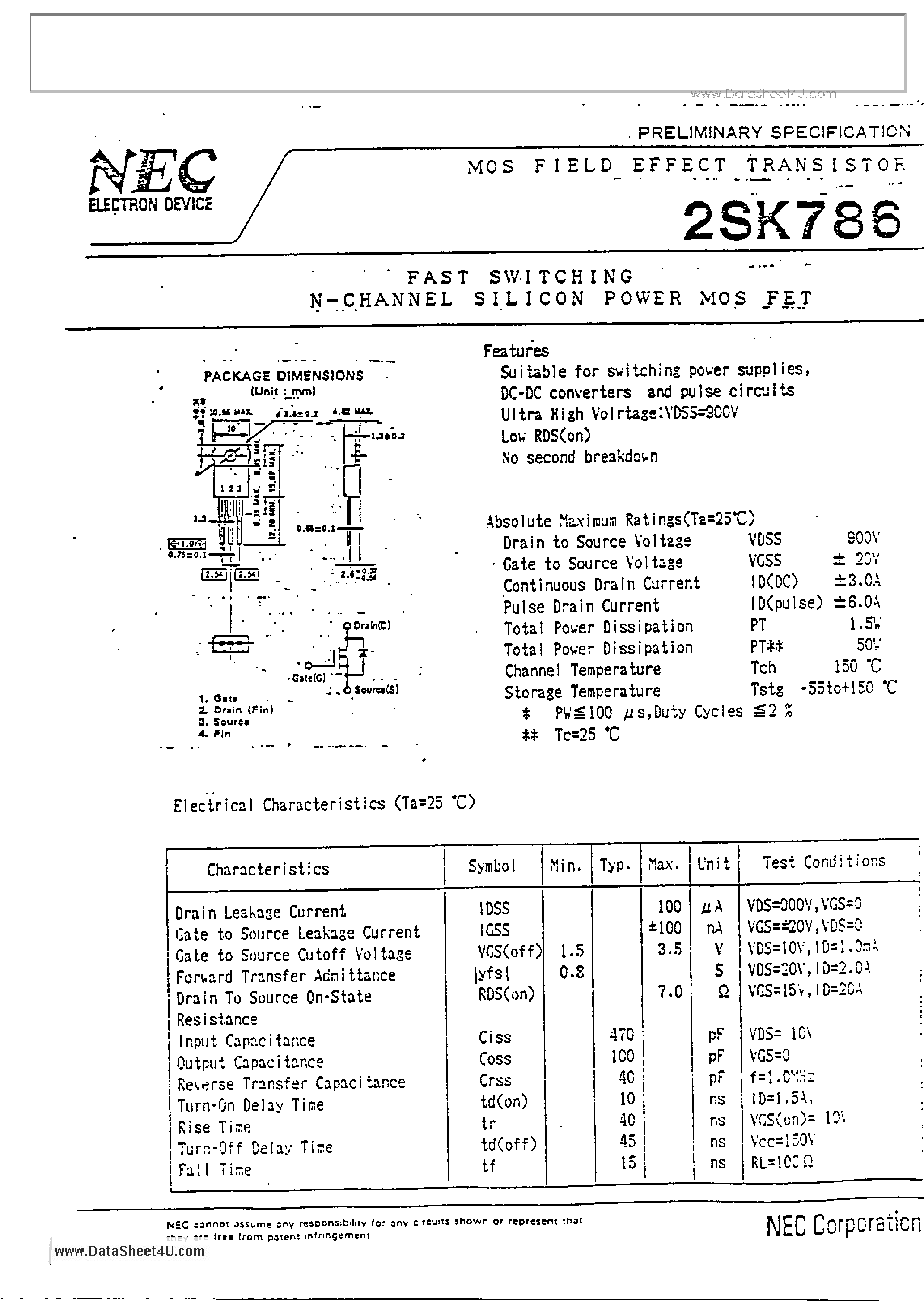 Datasheet 2SK786 - Fast switching N-channel MOS field effect power transistor page 1