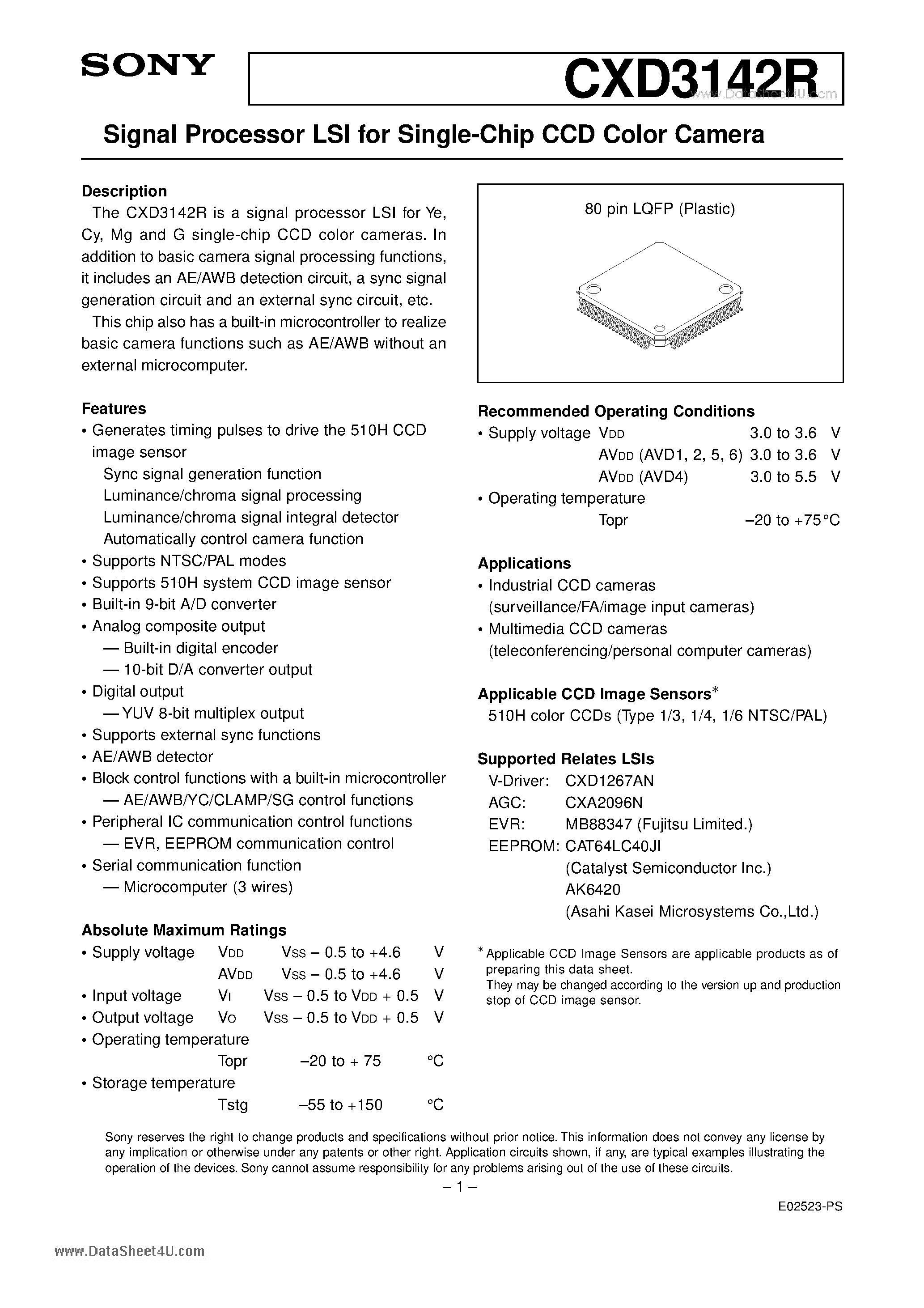 Даташит на микросхему CXD3142R страница 1 Даташит CXD3142R - Signal Processor LSI страница 1