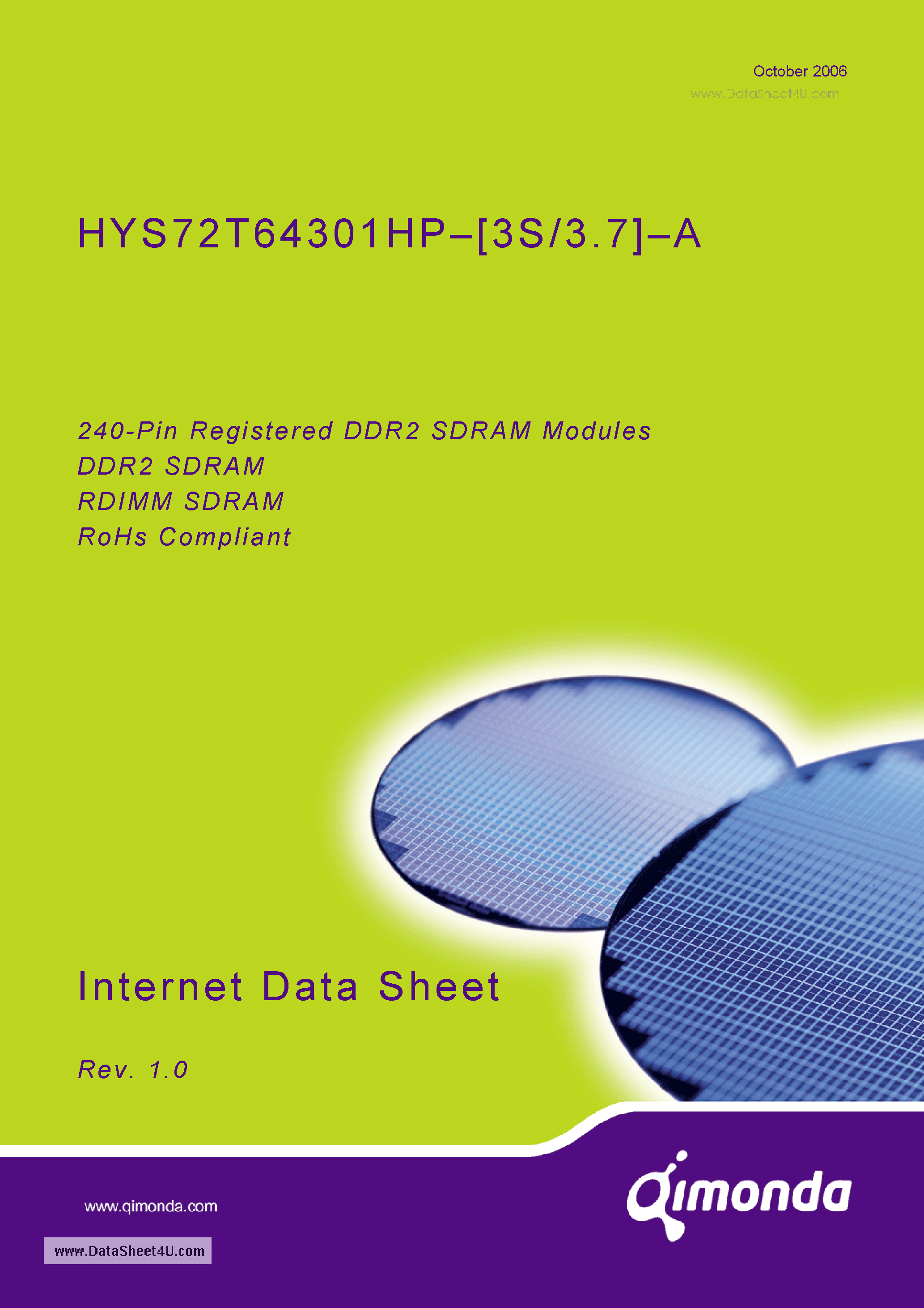 Datasheet HYS72T64301HP-3.7-A - 240-Pin Registered DDR2 SDRAM Modules page 1