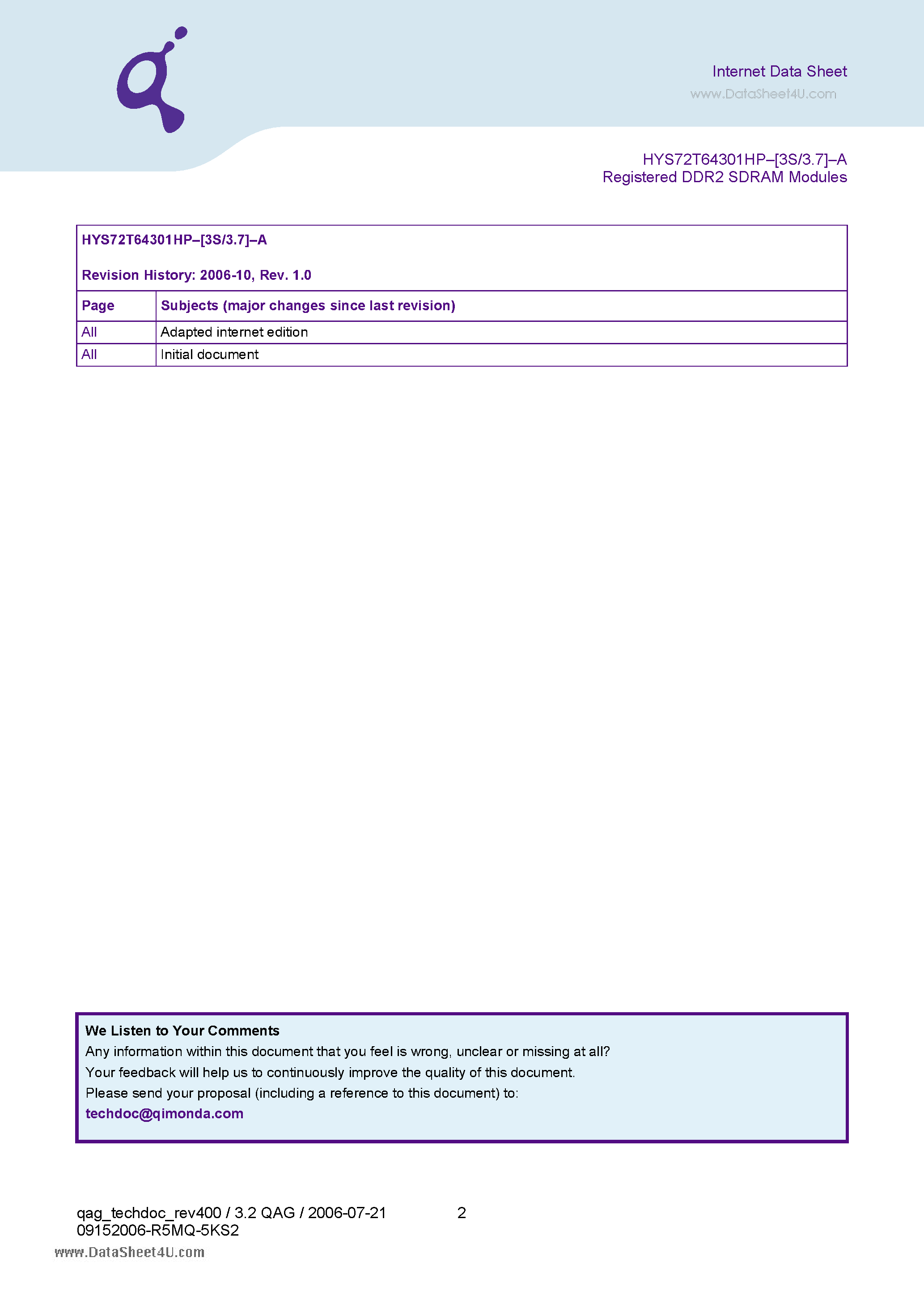 Datasheet HYS72T64301HP-3.7-A - 240-Pin Registered DDR2 SDRAM Modules page 2