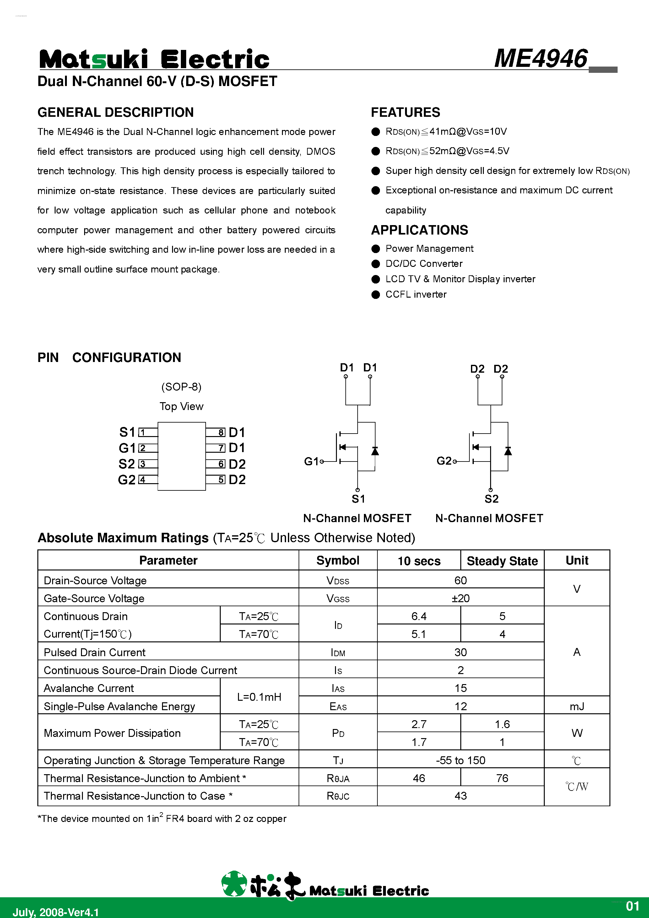 Даташит ME4946 - Dual N-Channel 60-V (D-S) MOSFET страница 1