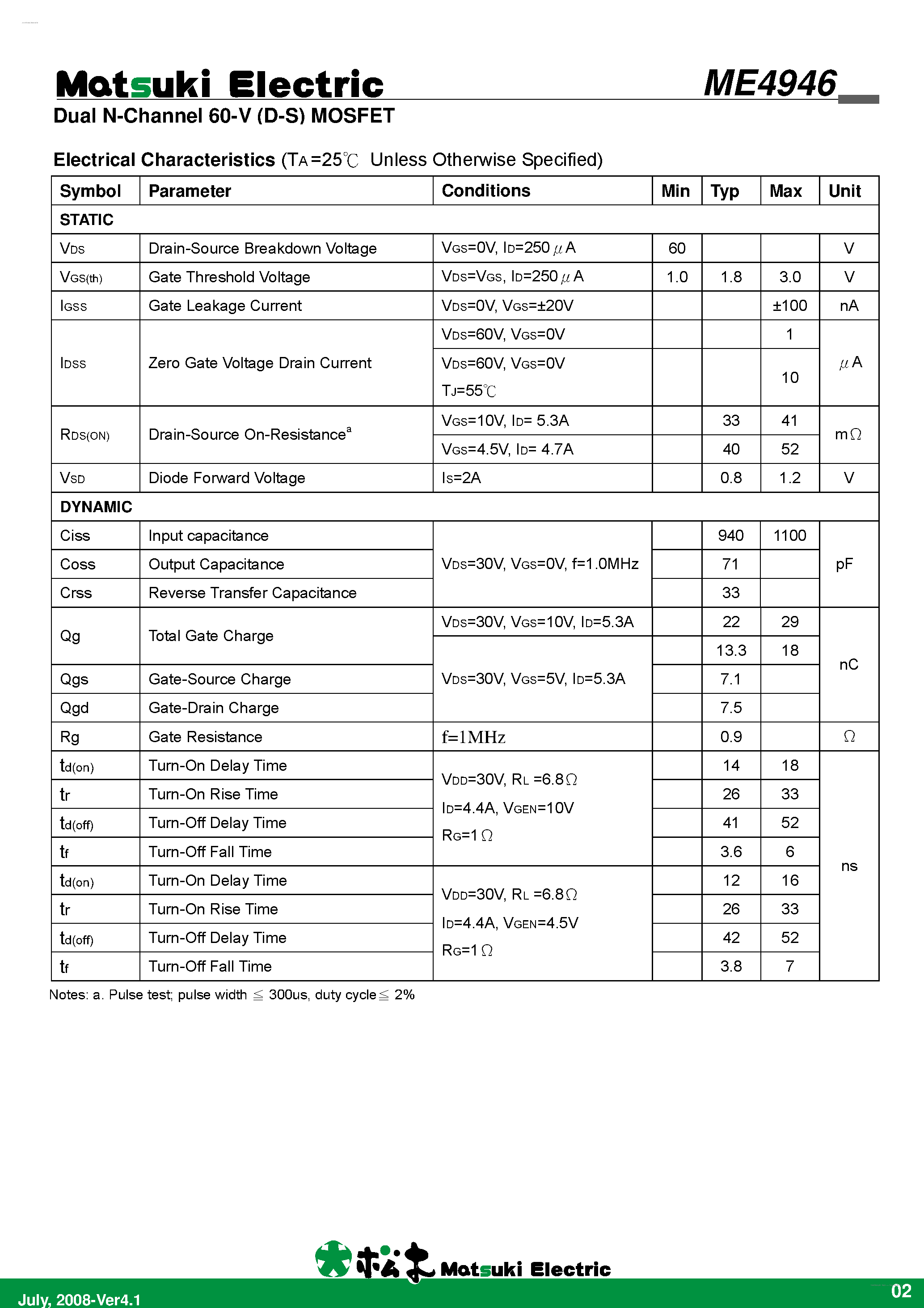 Даташит ME4946 - Dual N-Channel 60-V (D-S) MOSFET страница 2