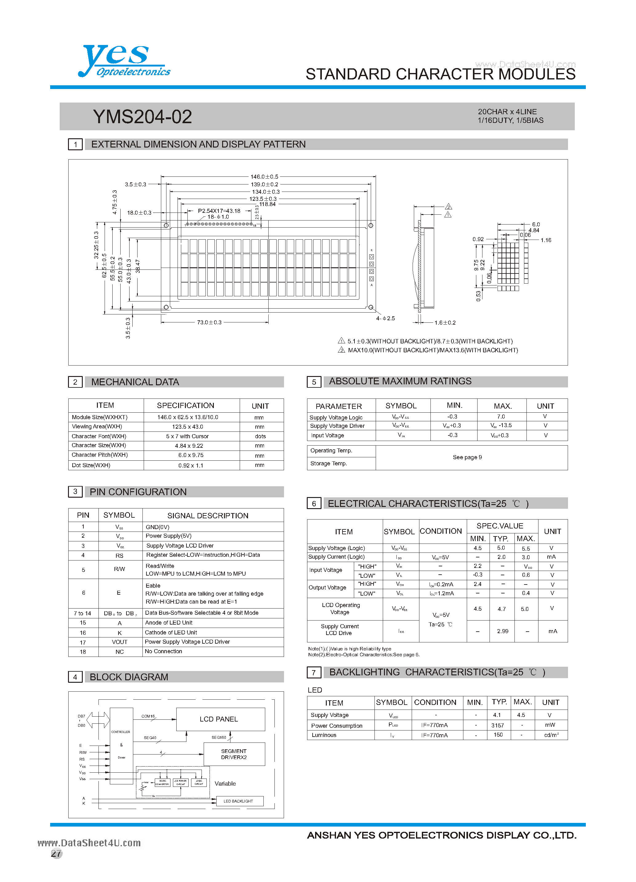 Даташит на микросхему YMS204-02 страница 1 Даташит YMS204-02 - STANDARD CHARACTER MODULES страница 1