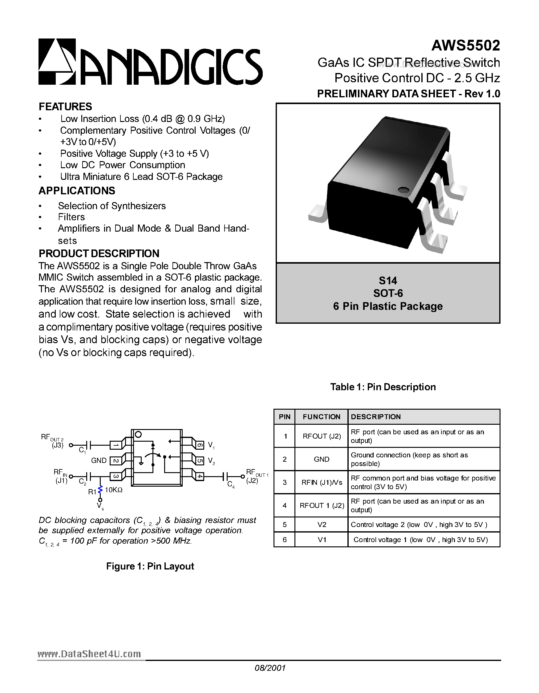 Datasheet AWS5502 - GaAs IC SPDT Reflective Switch Positive Control DC-2.5 GHz page 1