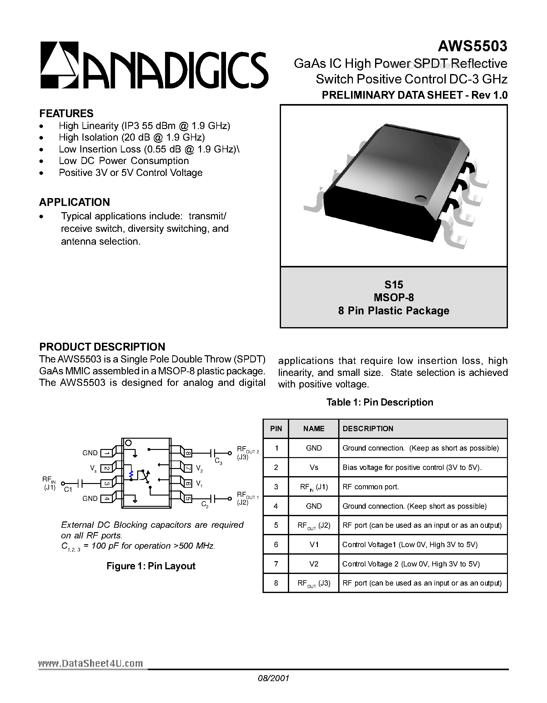 Datasheet AWS5503 page 1 Datasheet AWS5503 - GaAs IC High Power SPDT Reflective Switch Positive Control DC-3 GHz page 1