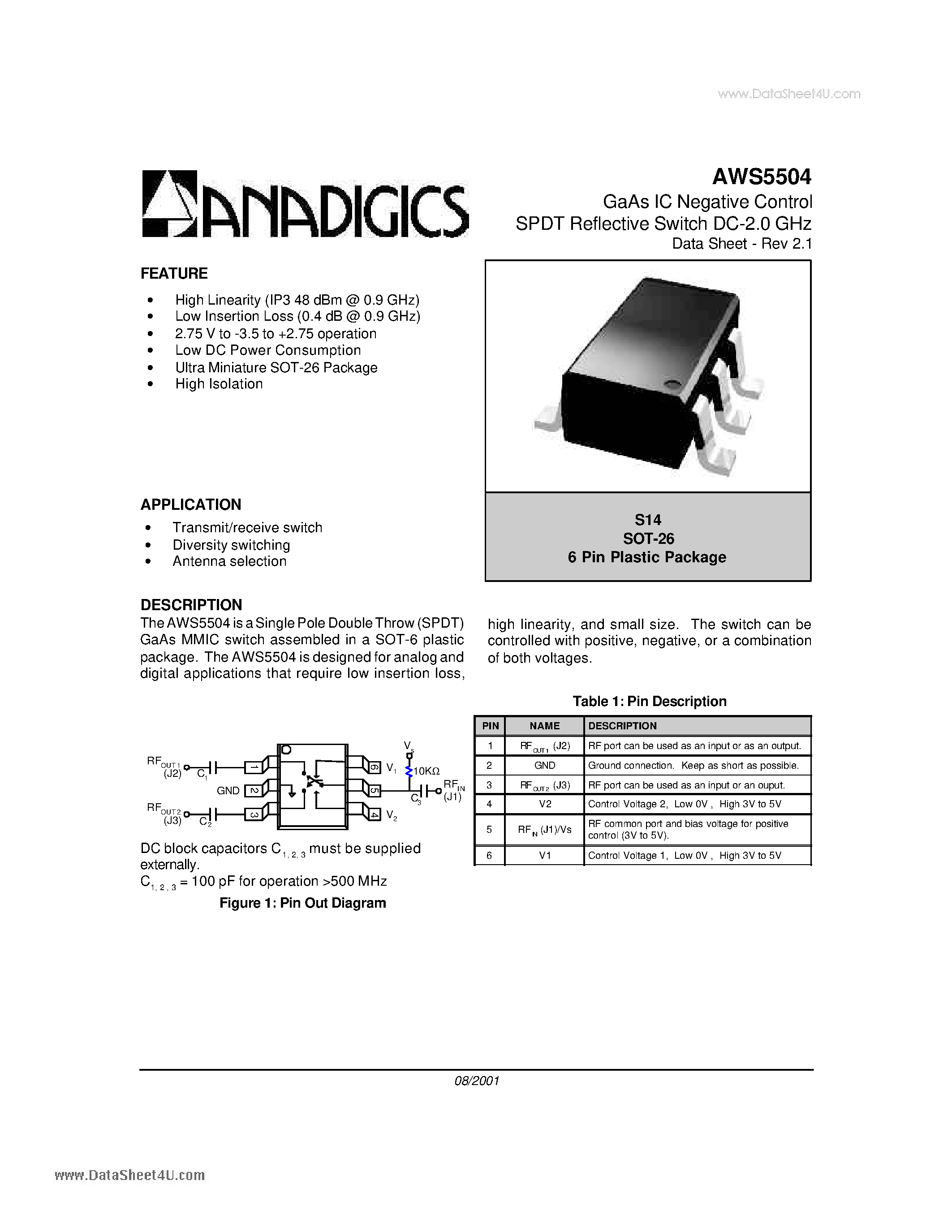 Datasheet AWS5504 page 1 Datasheet AWS5504 - GaAs IC Negative Control SPDT Reflective Switch DC-2.0 GHz page 1