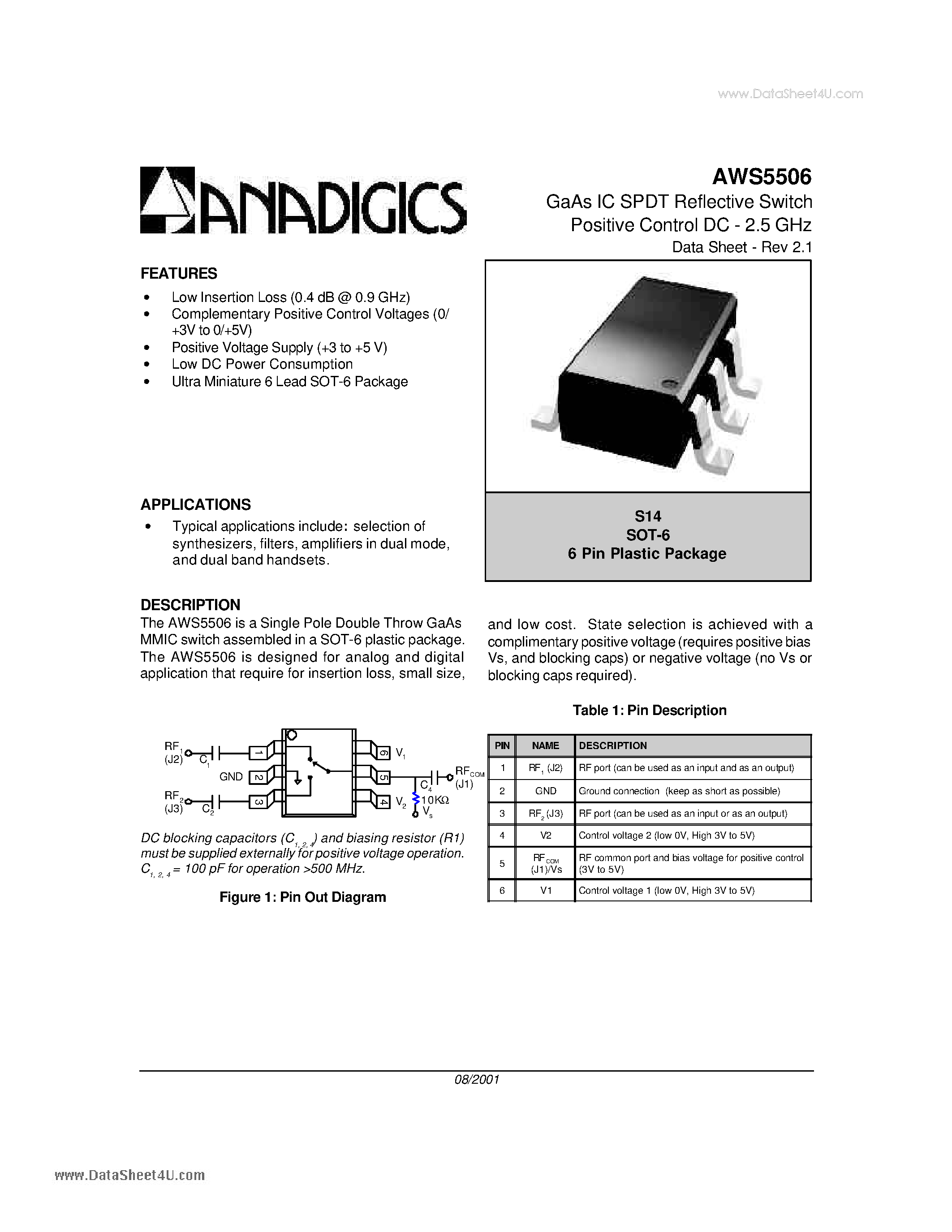 Datasheet AWS5506 - GaAs IC SPDT Reflective Switch Positive Control DC-2.5 GHz page 1