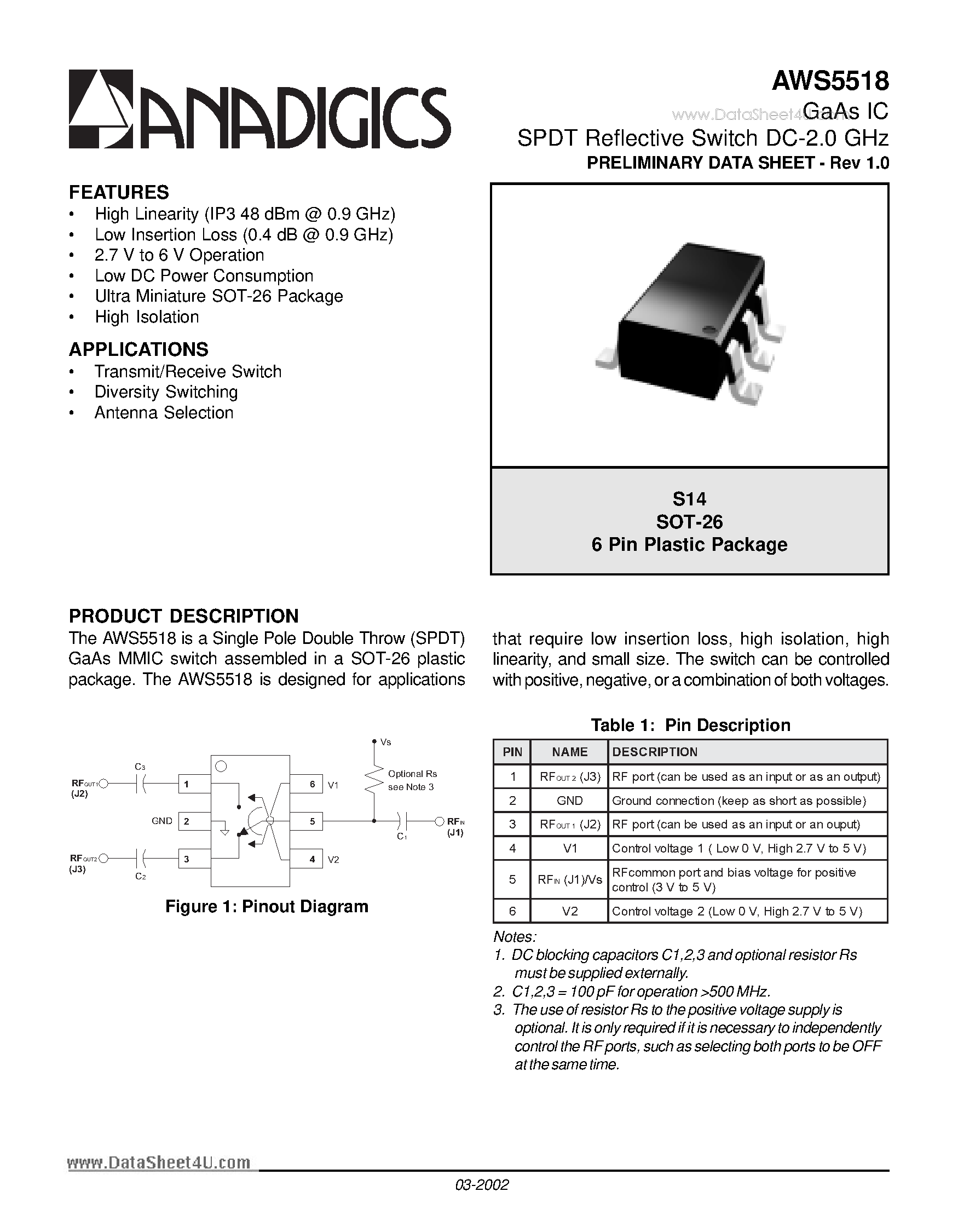 Datasheet AWS5518 page 1 Datasheet AWS5518 - GaAs IC SPDT Reflective Switch DC-2.0 GHz page 1