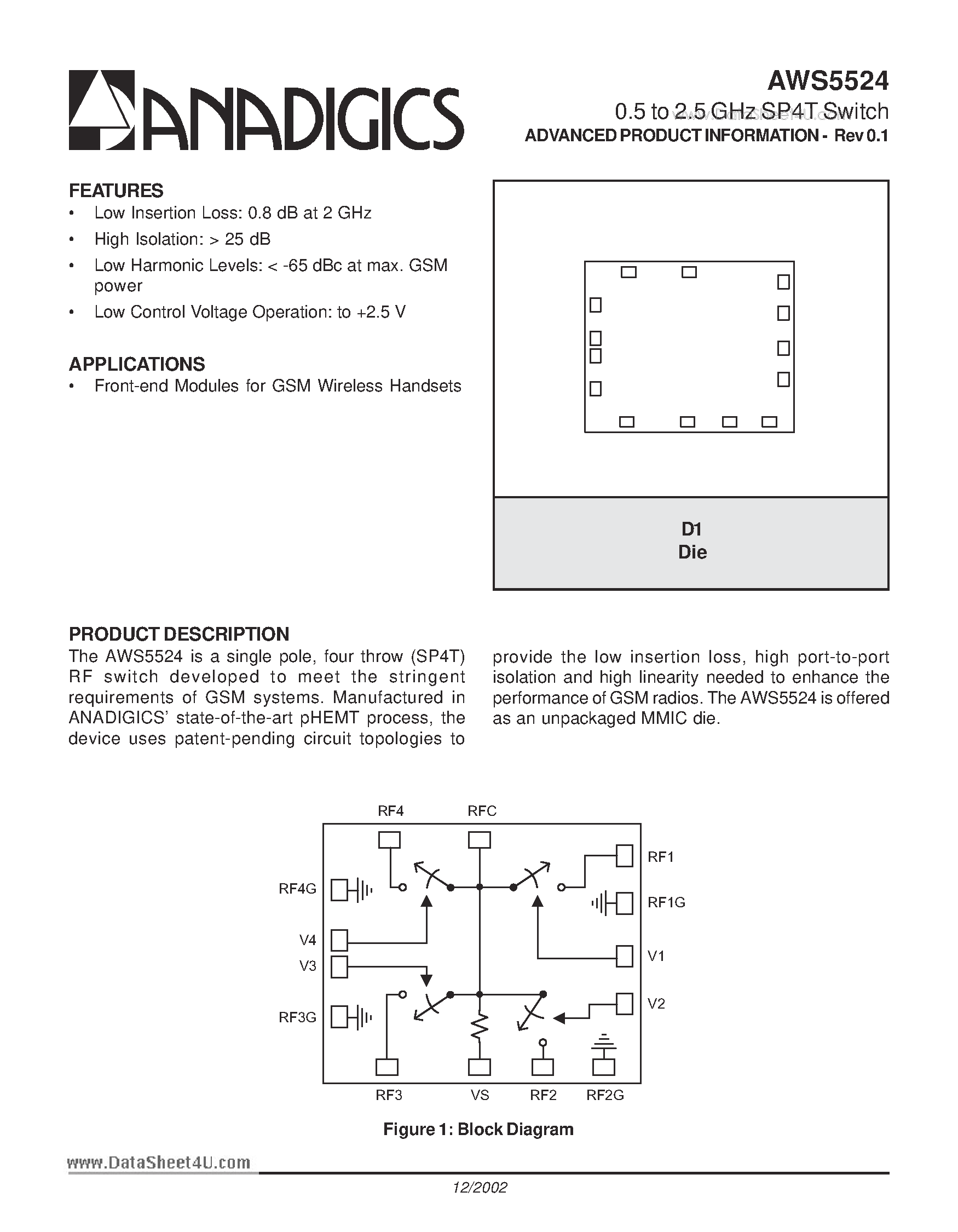 Datasheet AWS5524 - 0.5 to 2.5 GHz SP4T Switch page 1