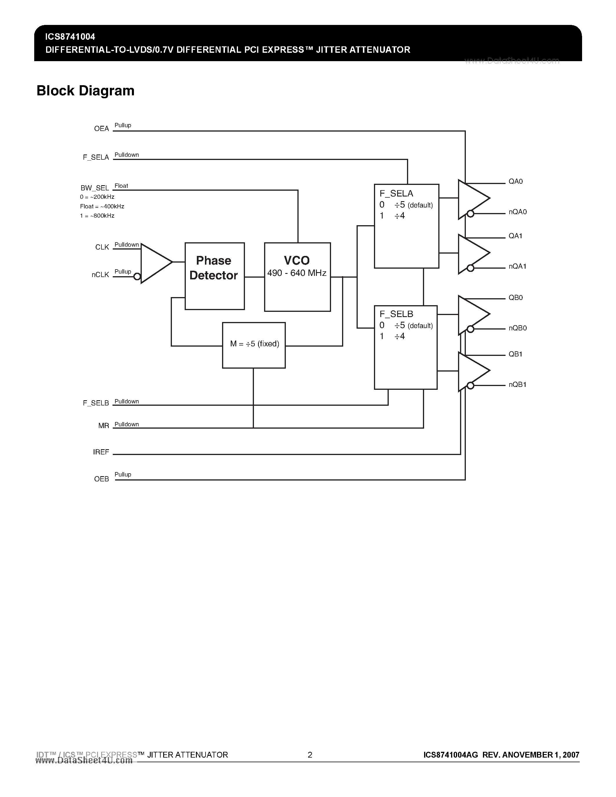 Datasheet ICS8741004 page 2 Datasheet ICS8741004 - DIFFERENTIAL-TO-LVDS/0.7V DIFFERENTIAL PCI EXPRESS JITTER ATTENUATOR page 2