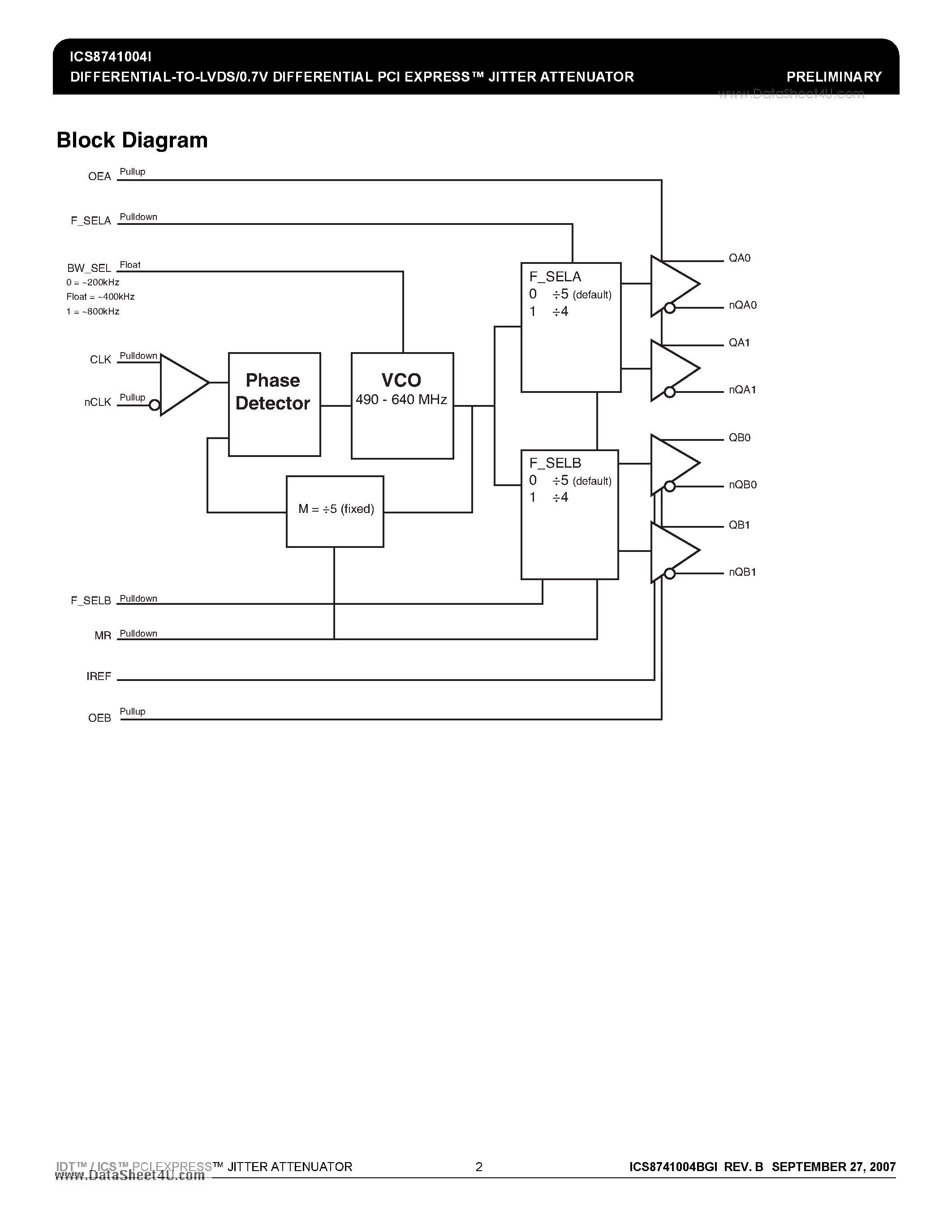Datasheet ICS8741004I page 2 Datasheet ICS8741004I - DIFFERENTIAL-TO-LVDS/0.7V DIFFERENTIAL PCI EXPRESS JITTER ATTENUATOR page 2