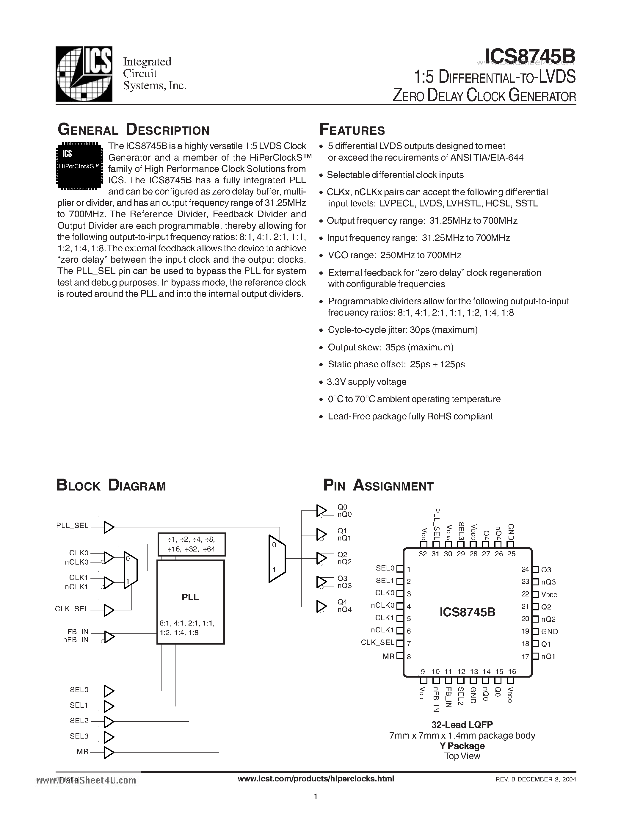 Datasheet ICS8745B - 1:5 DIFFERENTIAL-TO-LVDS ZERO DELAY CLOCK GENERATOR page 1