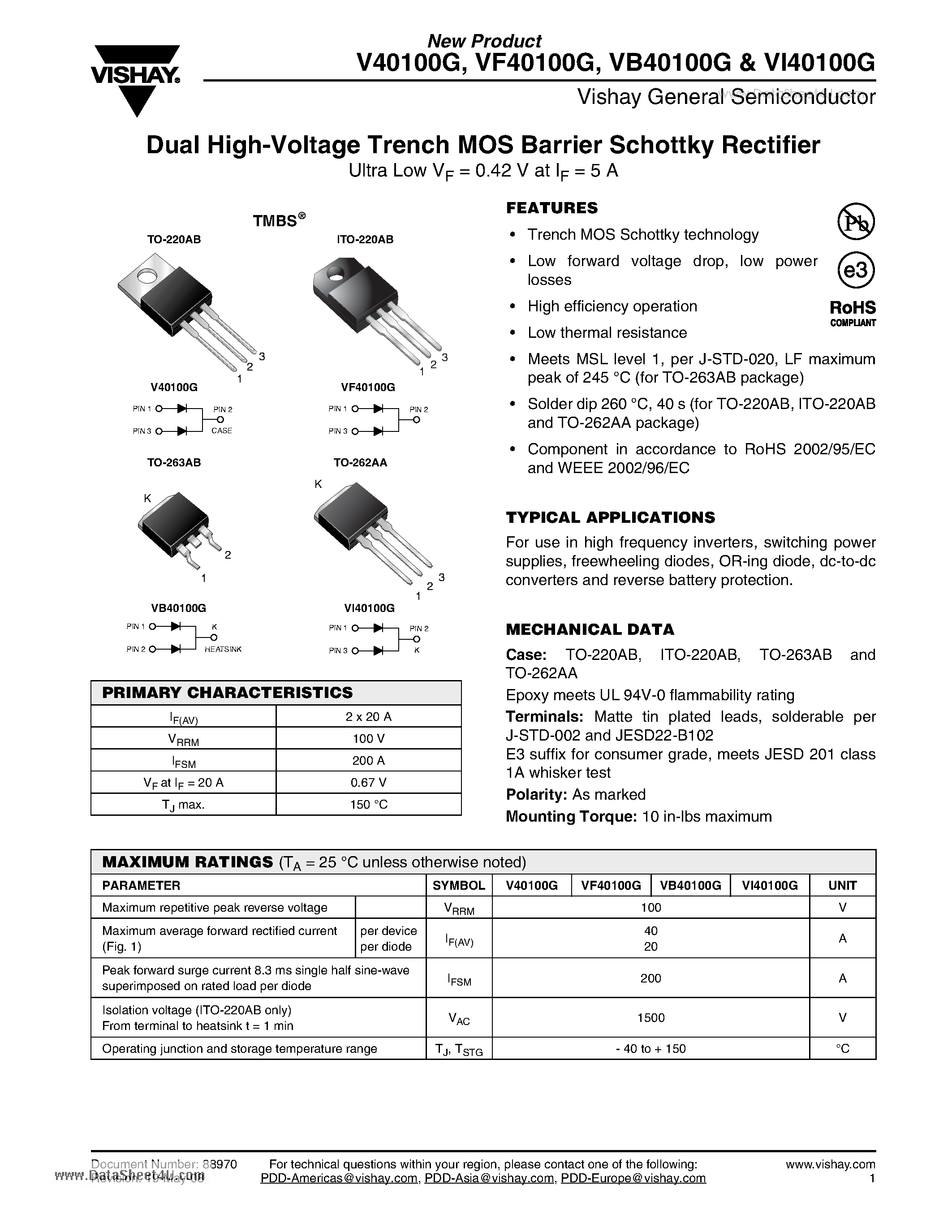 Datasheet VF40100G page 1 Datasheet VF40100G - Dual High-Voltage Trench MOS Barrier Schottky Rectifier page 1