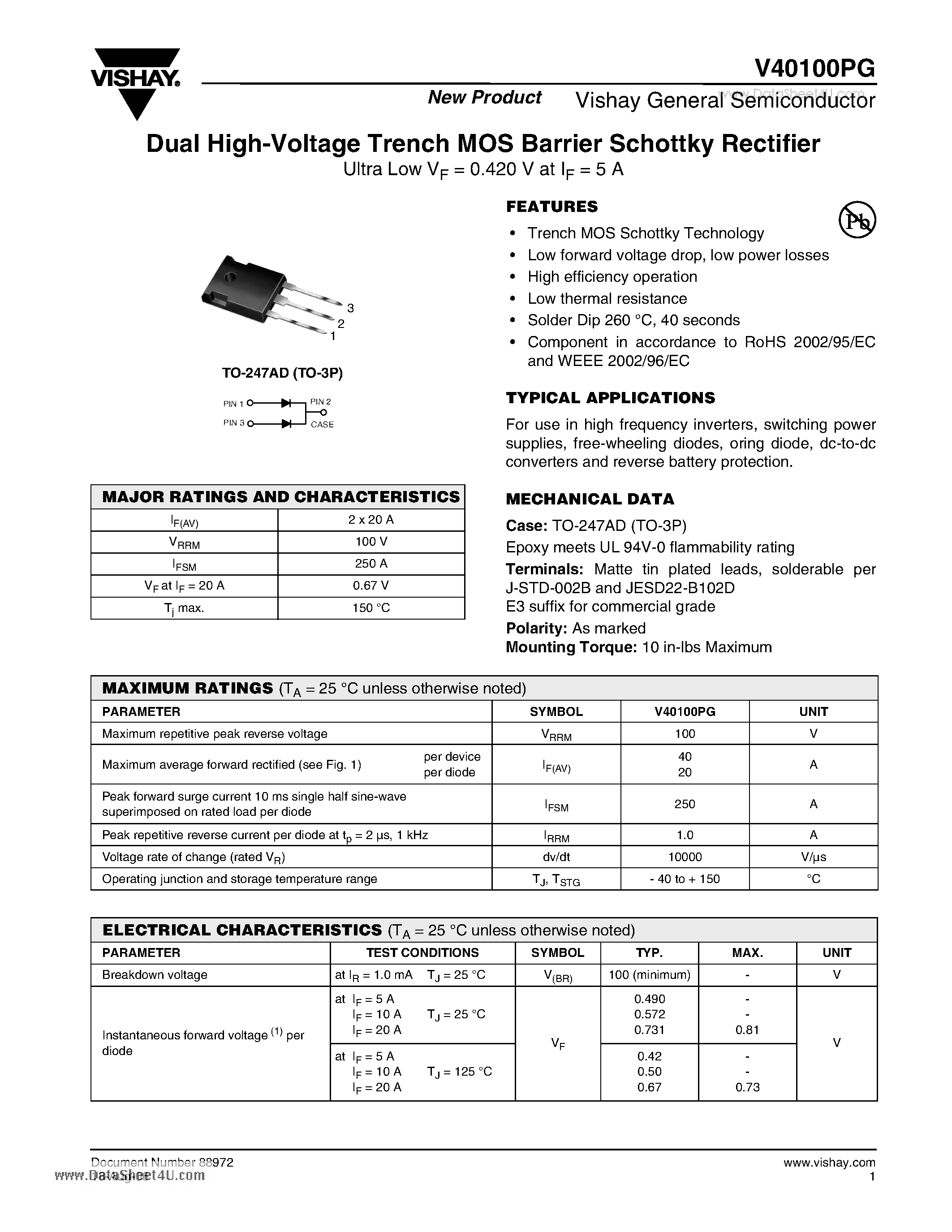 Datasheet V40100PG - Dual High-Voltage Trench MOS Barrier Schottky Rectifier page 1