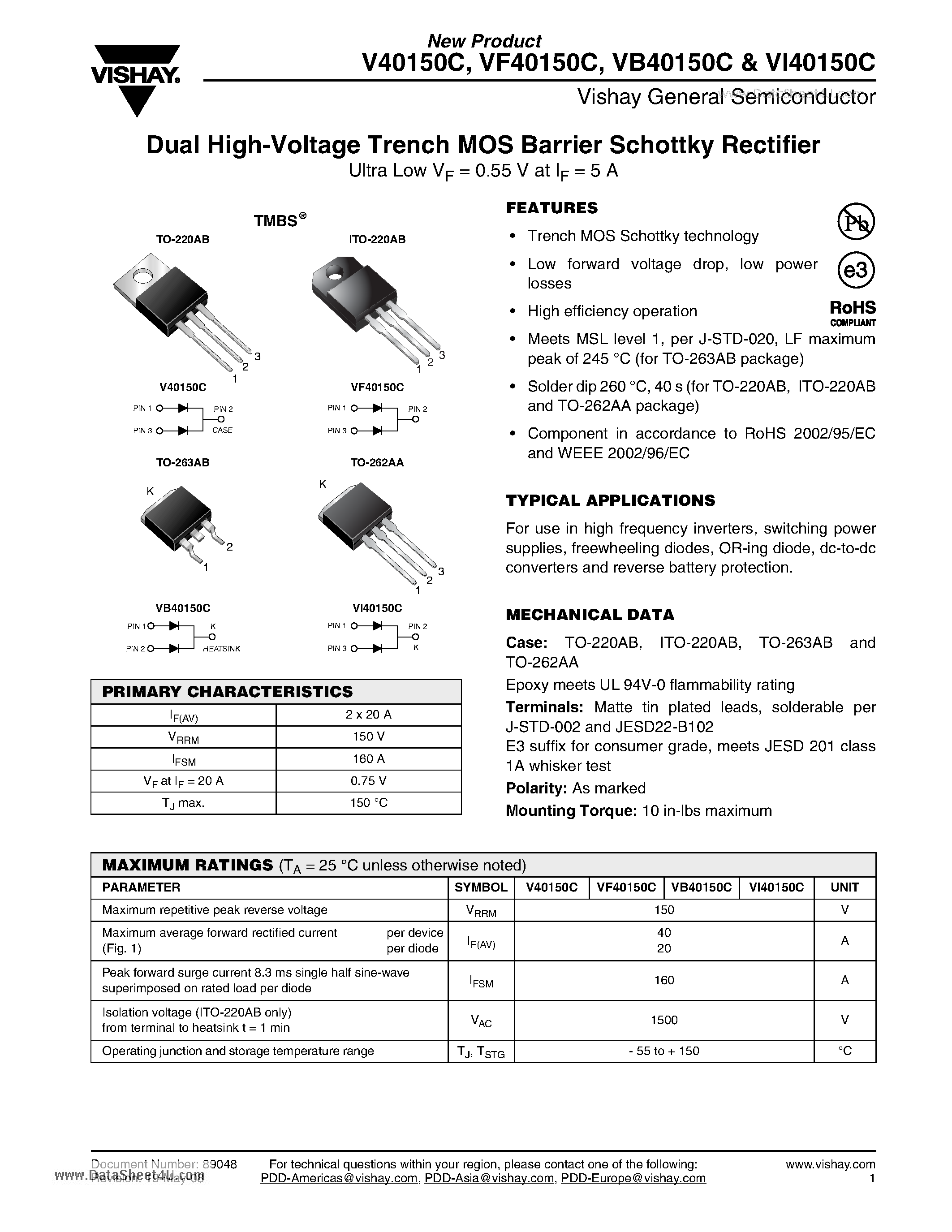 Datasheet VB40150C page 1 Datasheet VB40150C - Dual High-Voltage Trench MOS Barrier Schottky Rectifier page 1