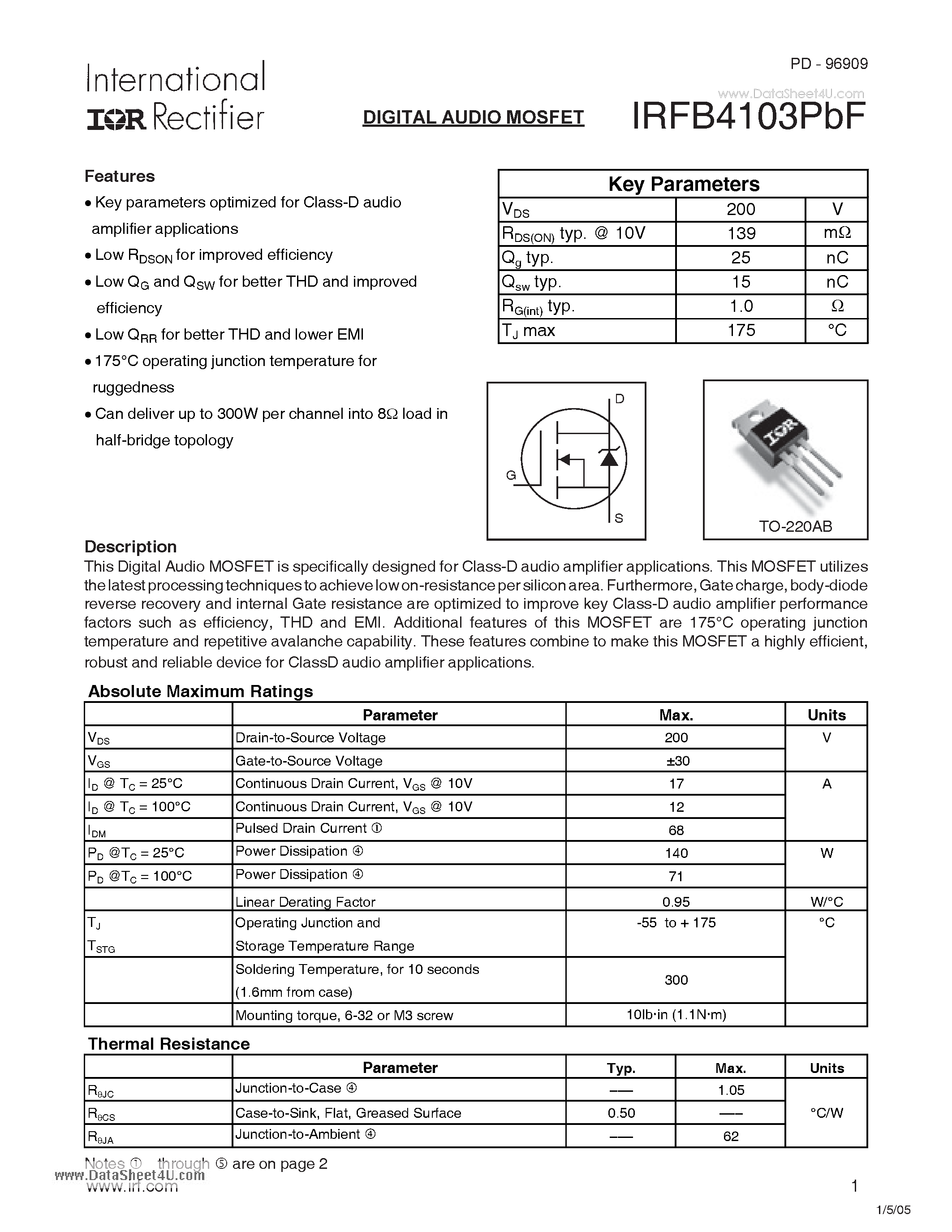 Datasheet IRFB4103PBF - DIGITAL AUDIO MOSFET page 1