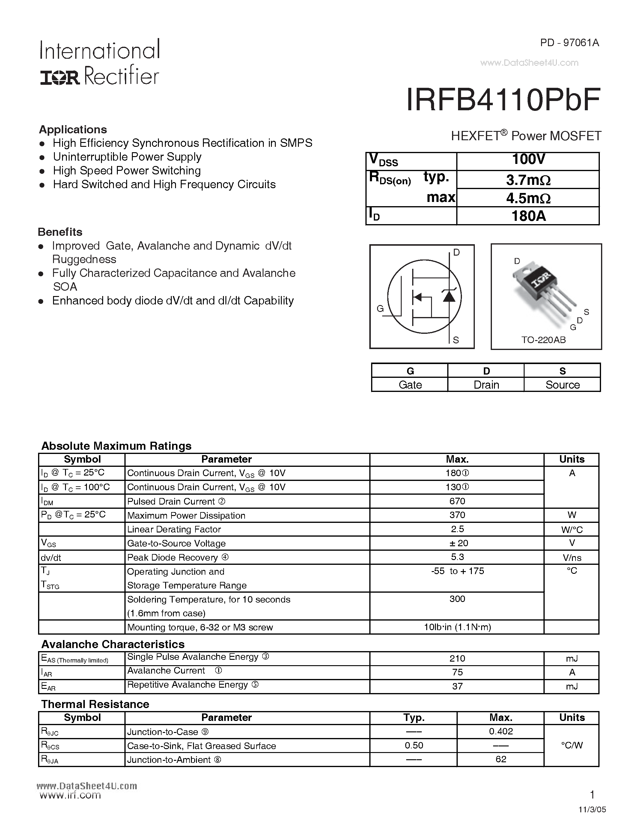 Datasheet IRFB4110PBF - HEXFET Power MOSFET page 1