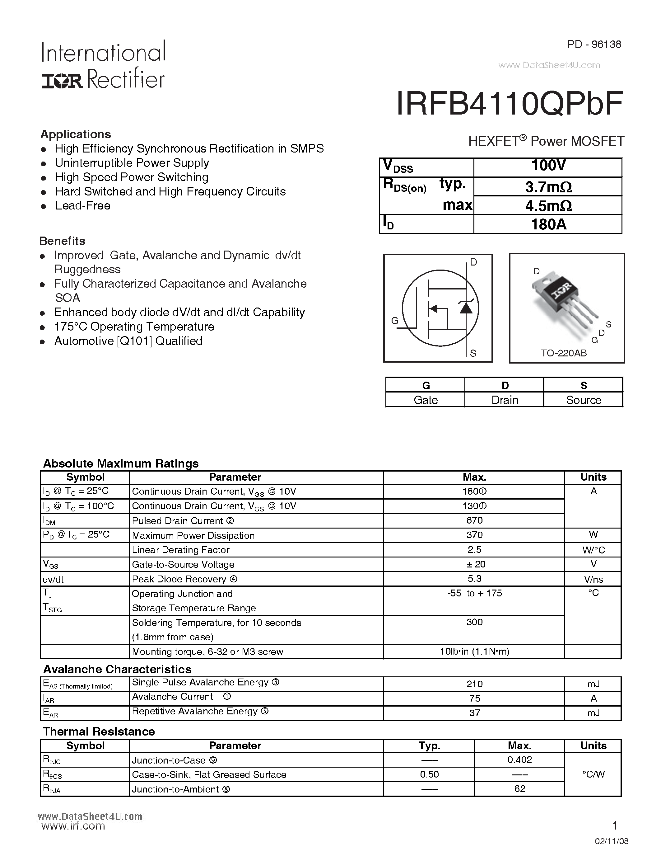Datasheet IRFB4110QPBF - HEXFET Power MOSFET page 1