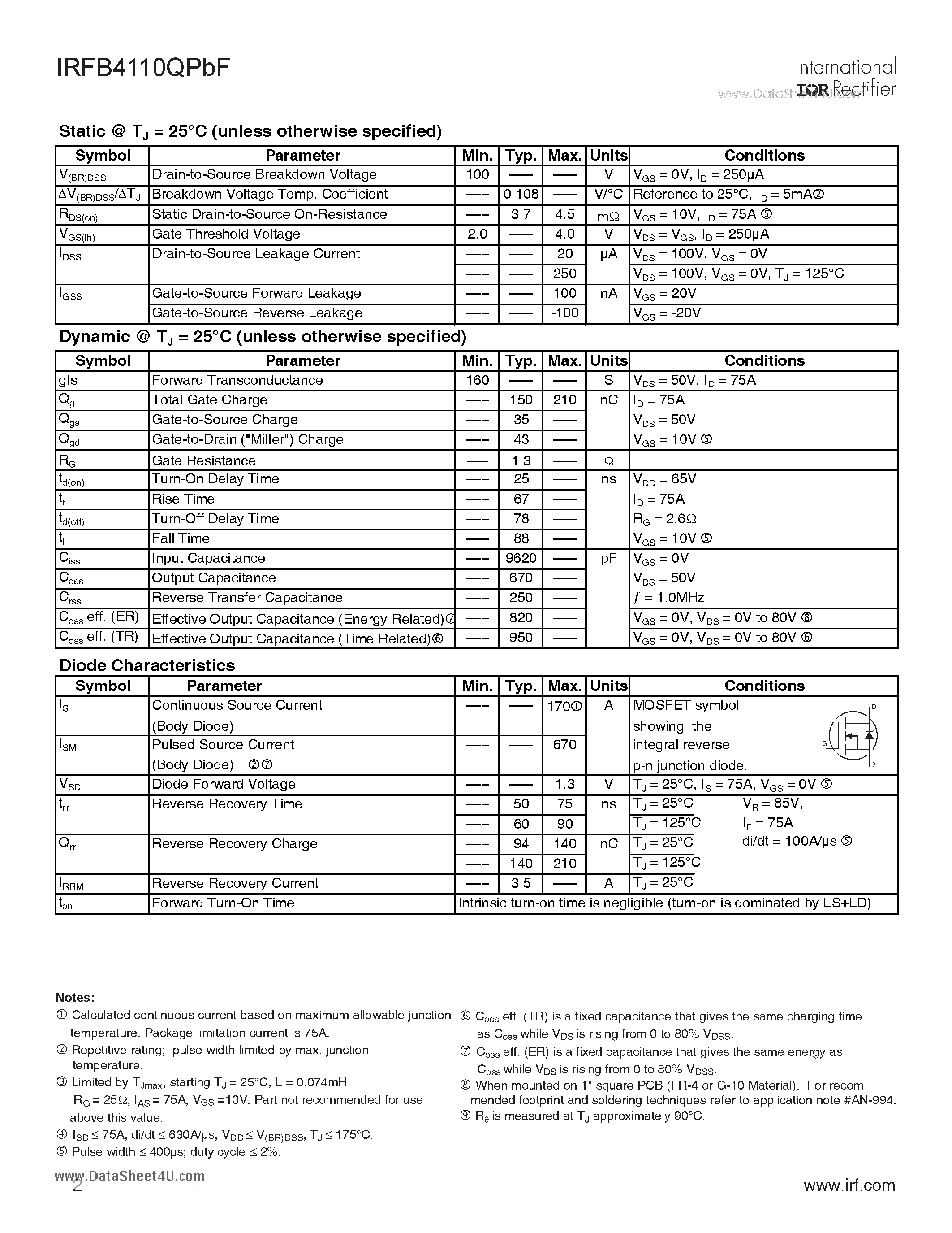 Datasheet IRFB4110QPBF - HEXFET Power MOSFET page 2