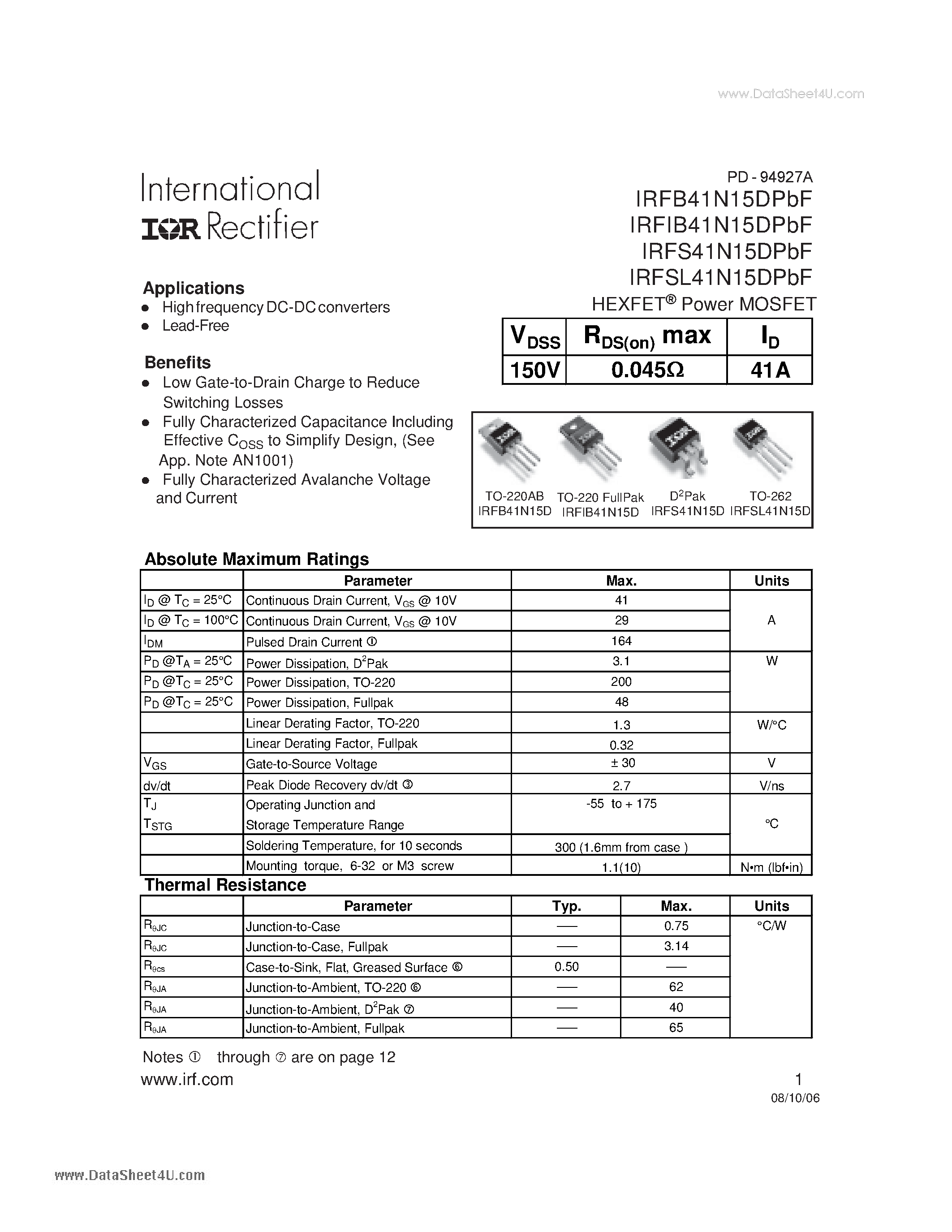Datasheet IRFB41N15DPBF - HEXFET Power MOSFET page 1