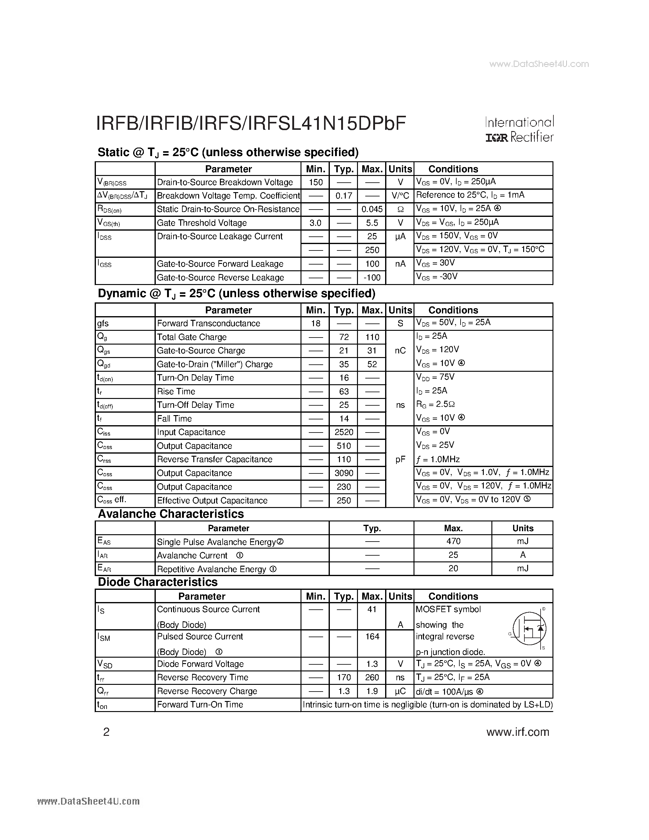 Datasheet IRFB41N15DPBF - HEXFET Power MOSFET page 2