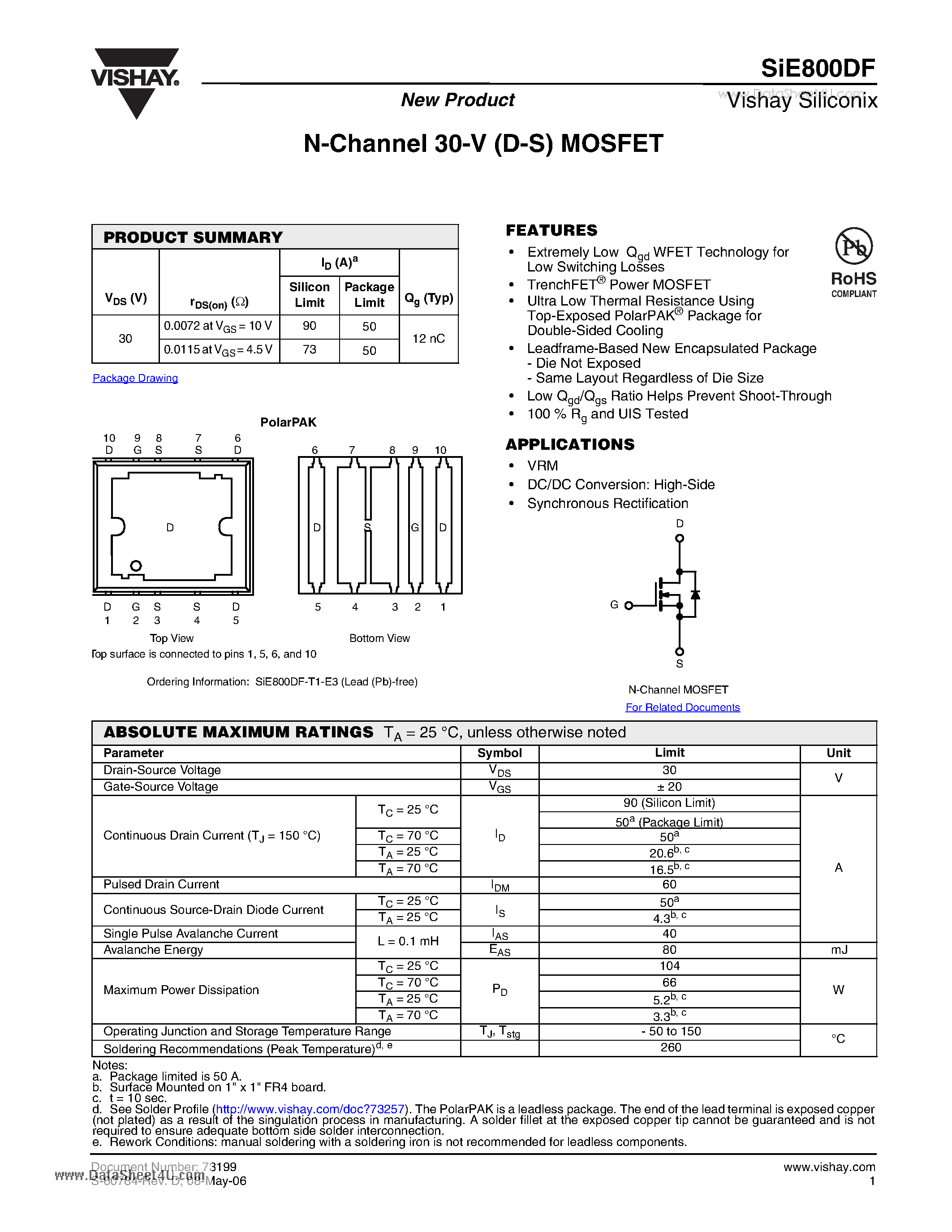Даташит SIE800DF - N-Channel 30-V (D-S) MOSFET страница 1
