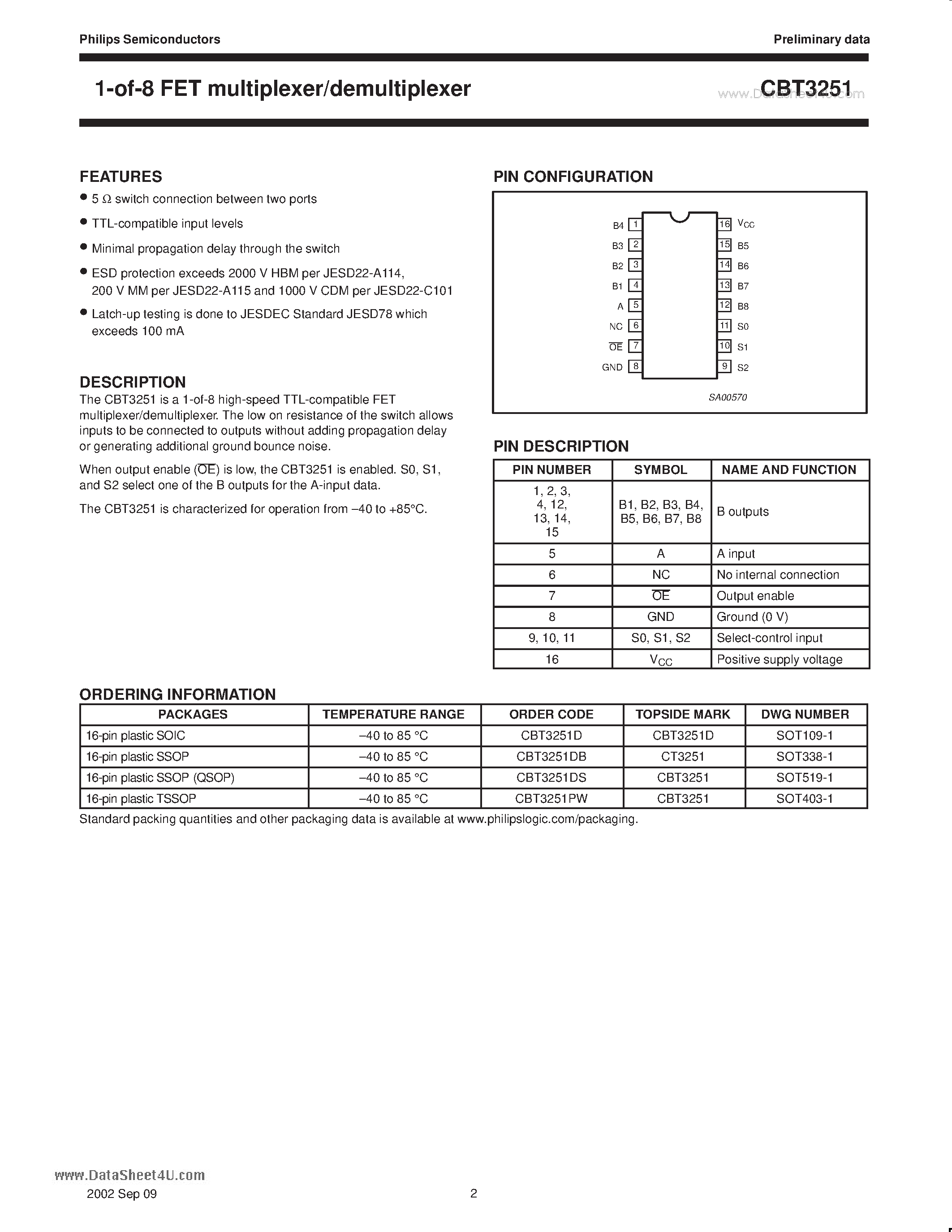 Даташит CBT3251 - 1-of-8 FET multiplexer/demultiplexer страница 2