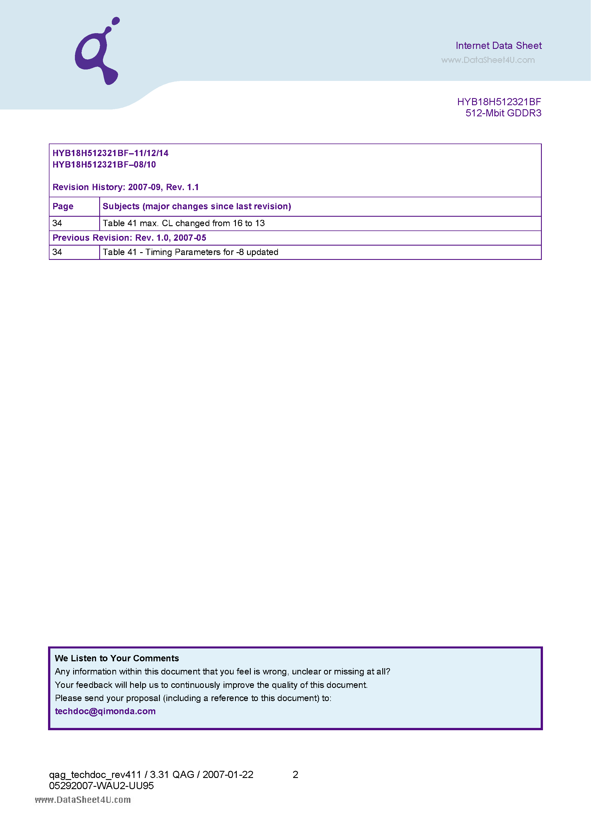Даташит на микросхему HYB18H512321BF-08 страница 2 Даташит HYB18H512321BF-08 - 512-Mbit GDDR3 Graphics RAM страница 2