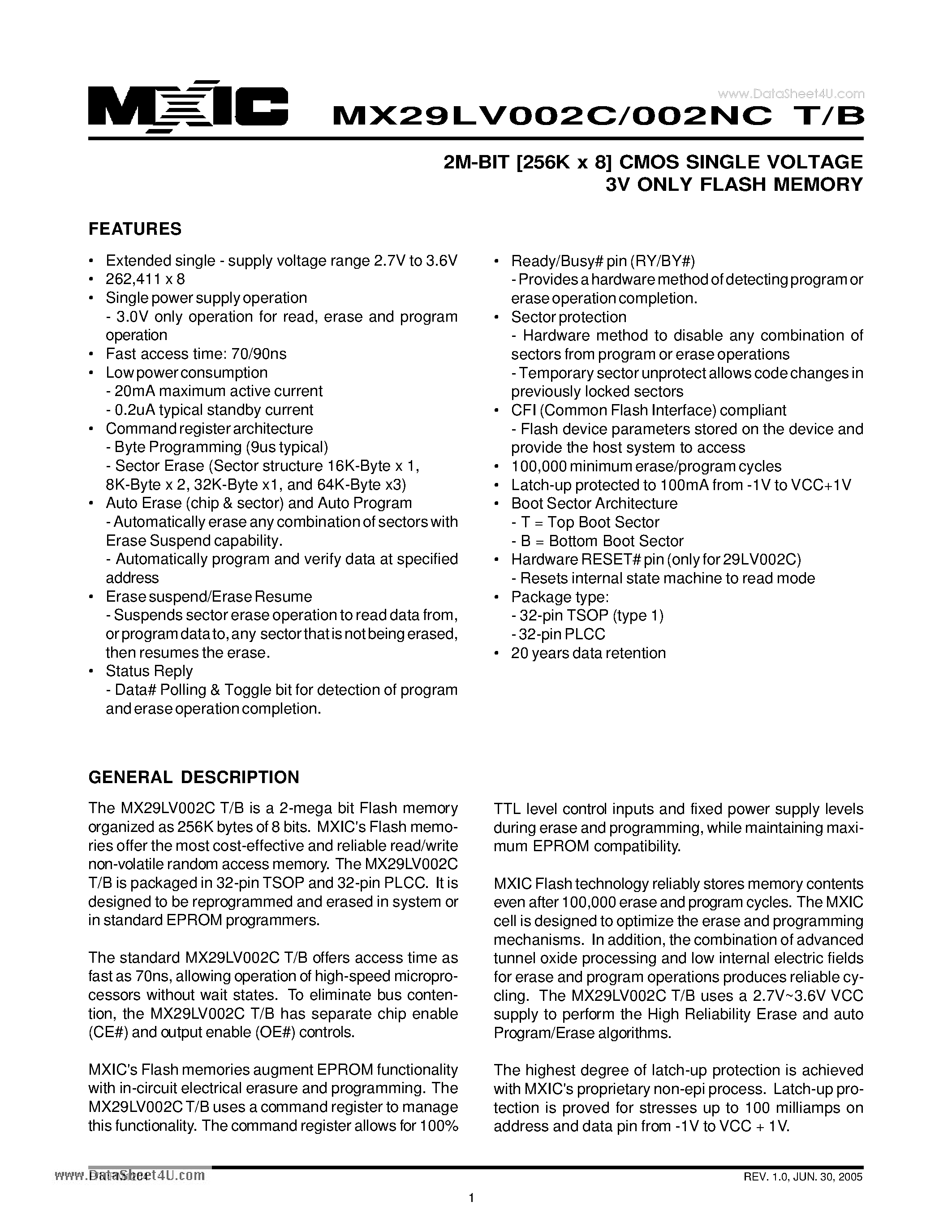 Datasheet MX29LV002CB - 2M-BIT [256K x 8] CMOS SINGLE VOLTAGE 3V ONLY FLASH MEMORY page 1