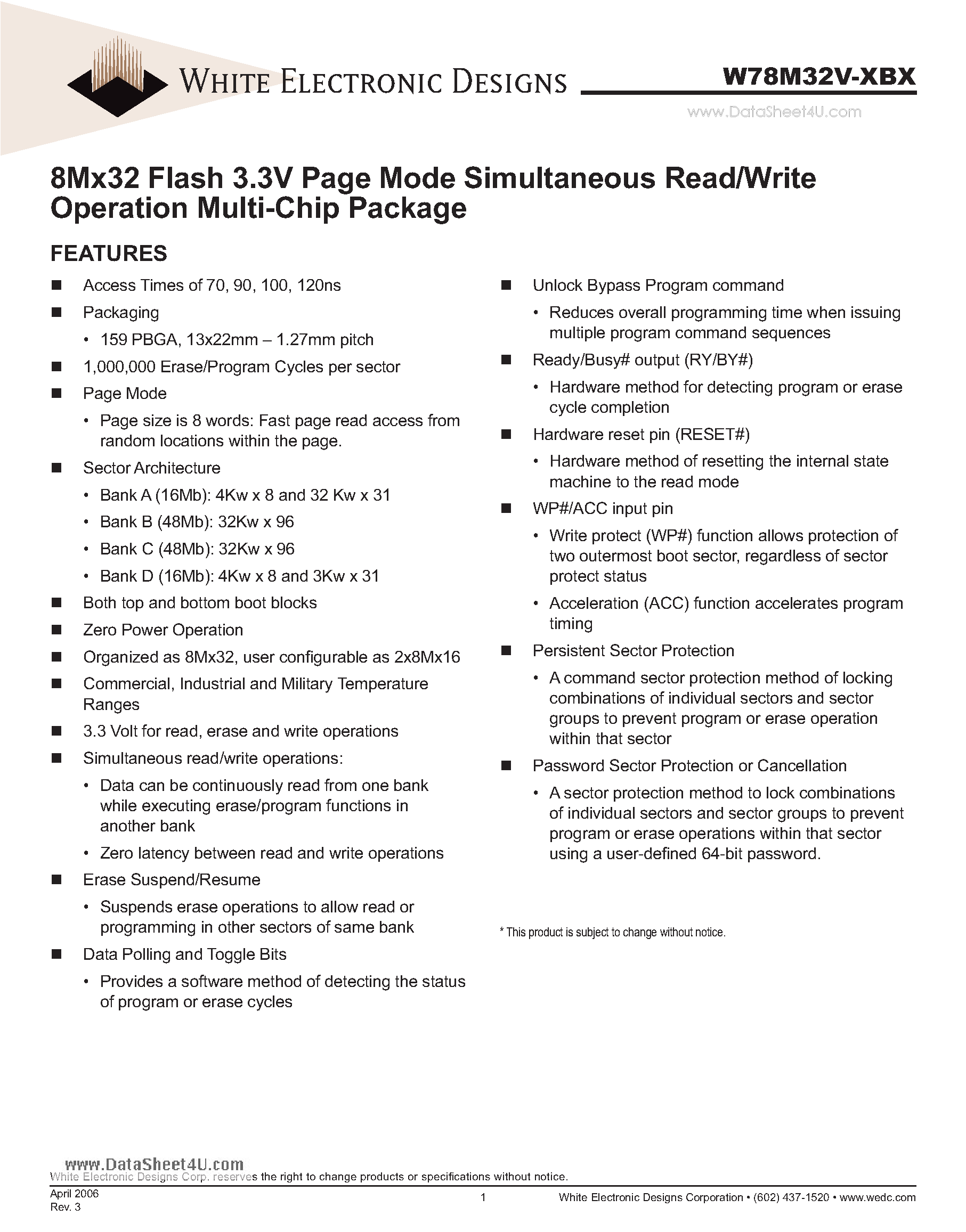 Даташит W78M32V-XBX - 8Mx32 Flash 3.3V Page Mode Simultaneous Read/Write Operation Multi-Chip Package страница 1