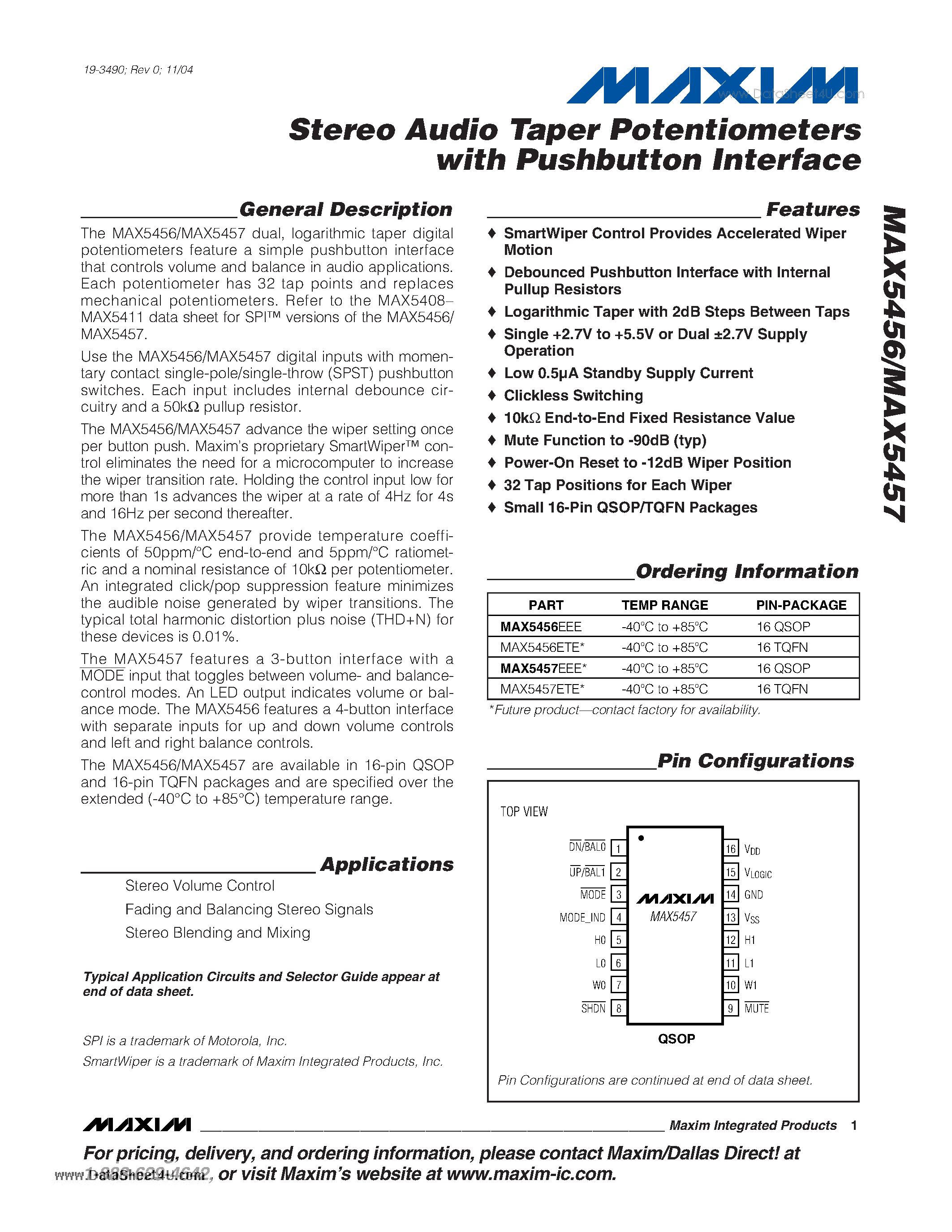 Даташит MAX5456 - Stereo Audio Taper Potentiometers страница 1