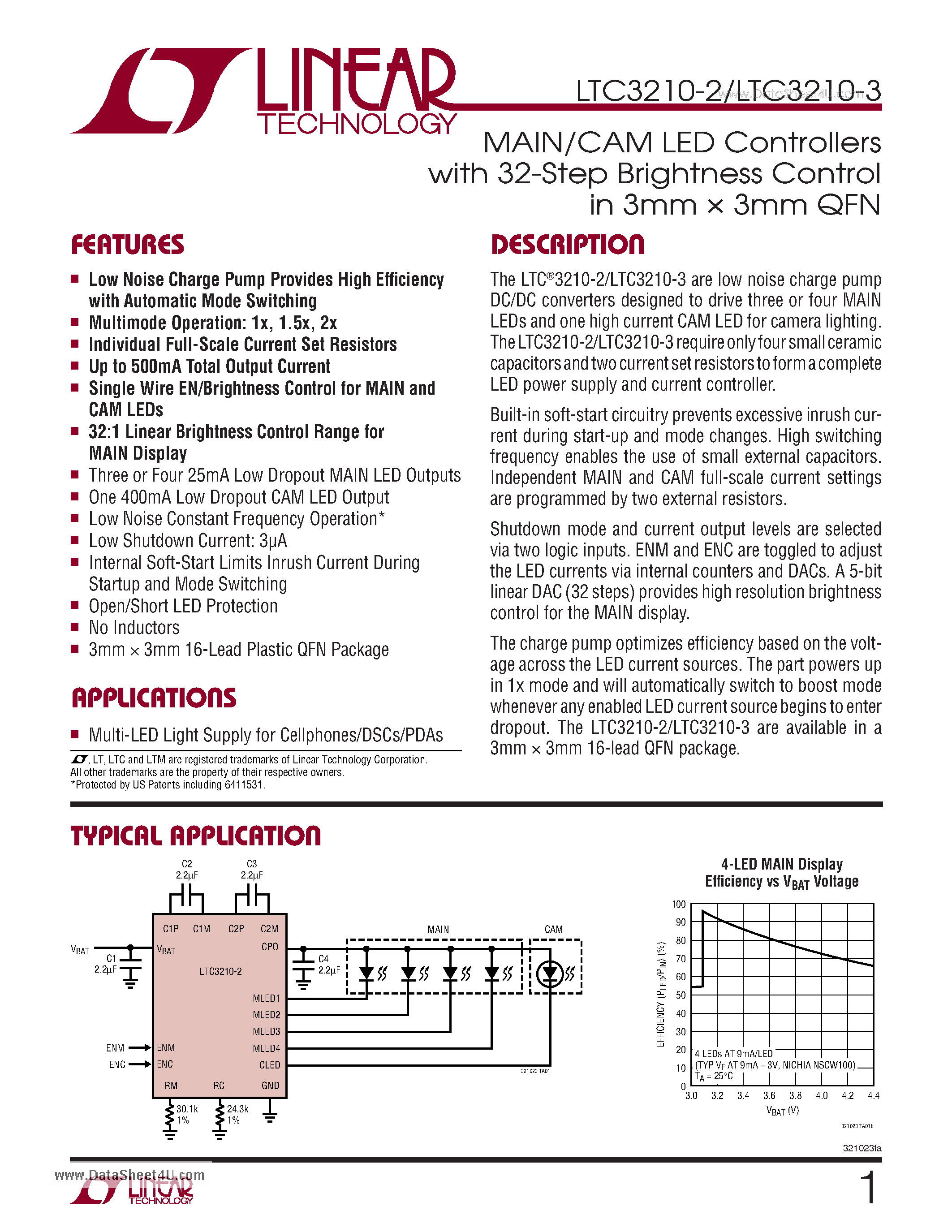 Datasheet LTC3210-2 - MAIN/CAM LED Controllers page 1