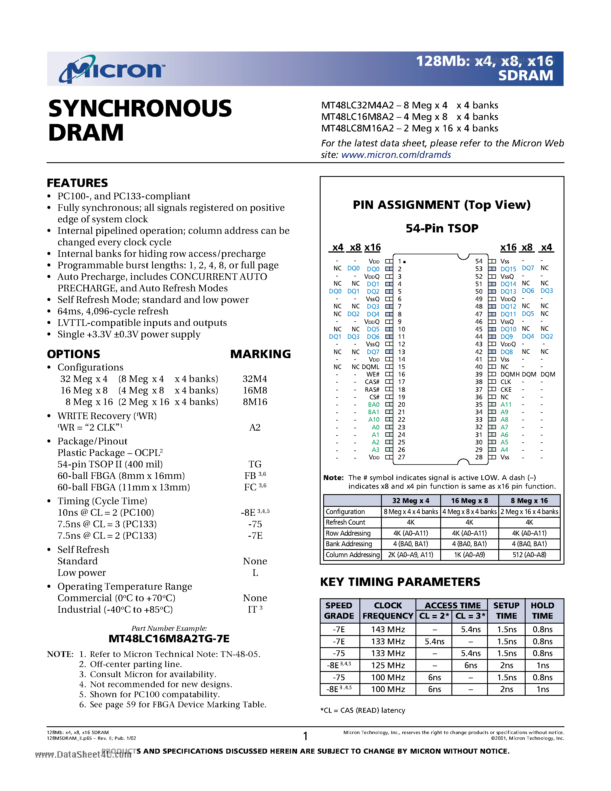 Даташит на микросхему 48LC8M16A2 страница 1 Даташит 48LC8M16A2 - Search -----> MT48LC8M16A2 страница 1