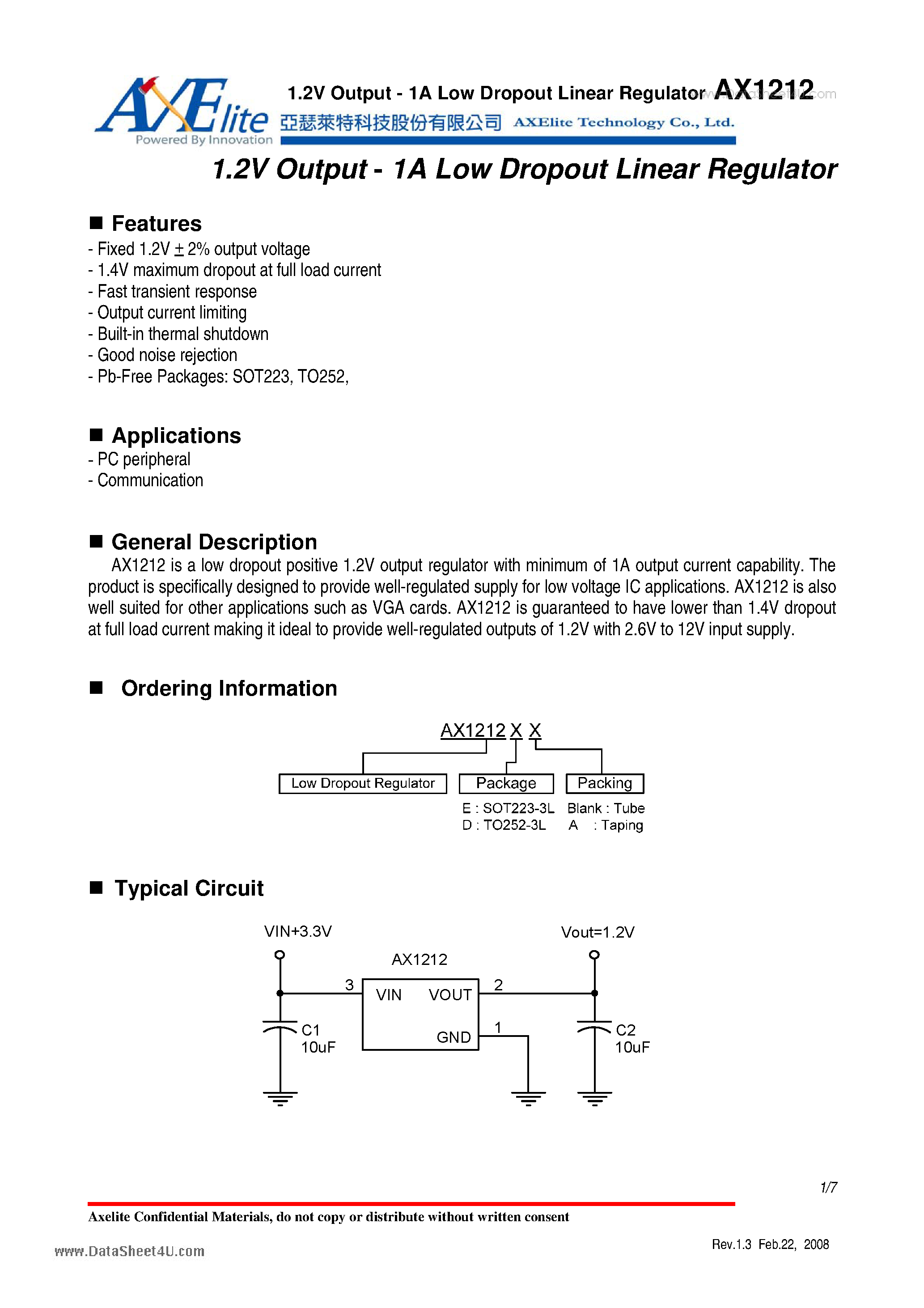 Datasheet AX1212 - 1.2V Output - 1A Low Dropout Linear Regulator page 1