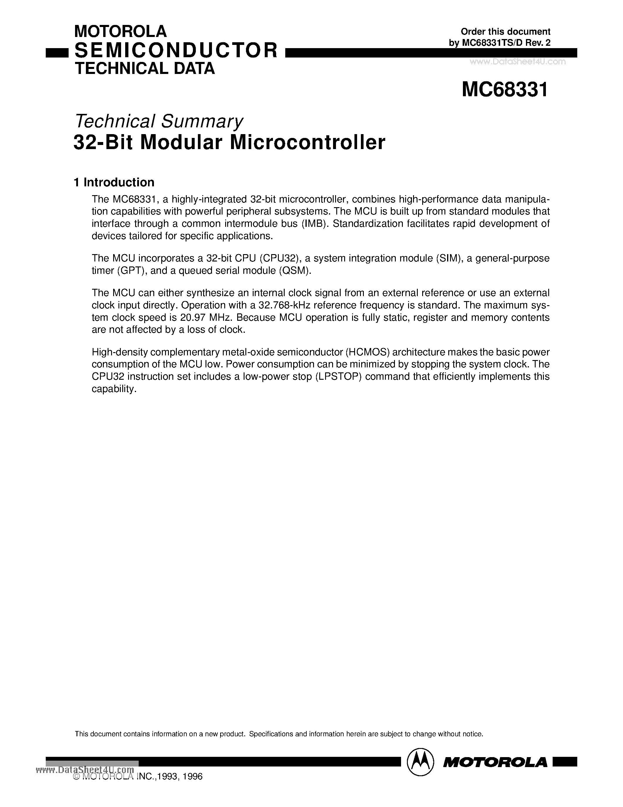 Datasheet MC68331 - 32-Bit Modular Microcontroller page 1