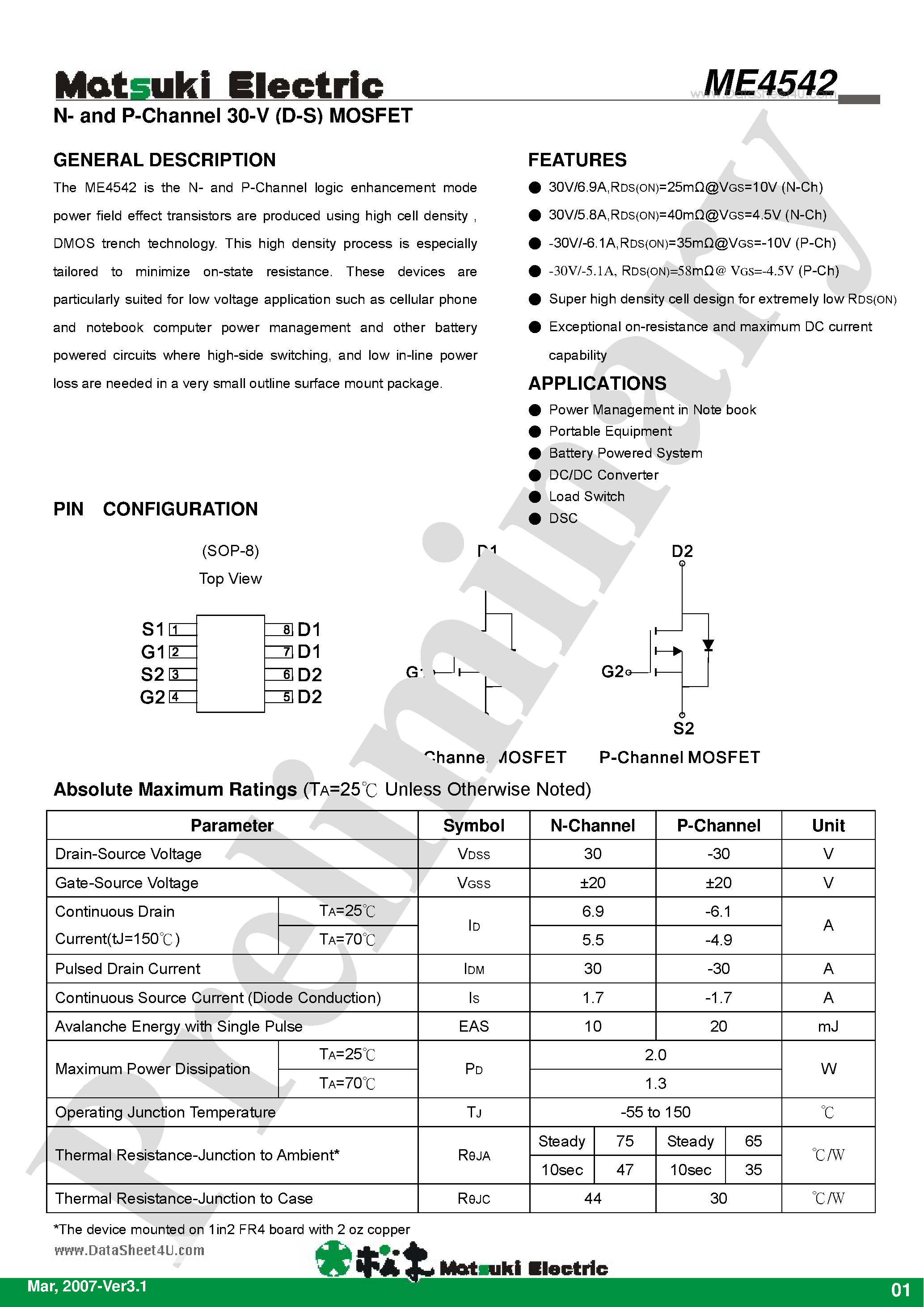 Даташит ME4542 - N- and P-Channel 30-V (D-S) MOSFET страница 1