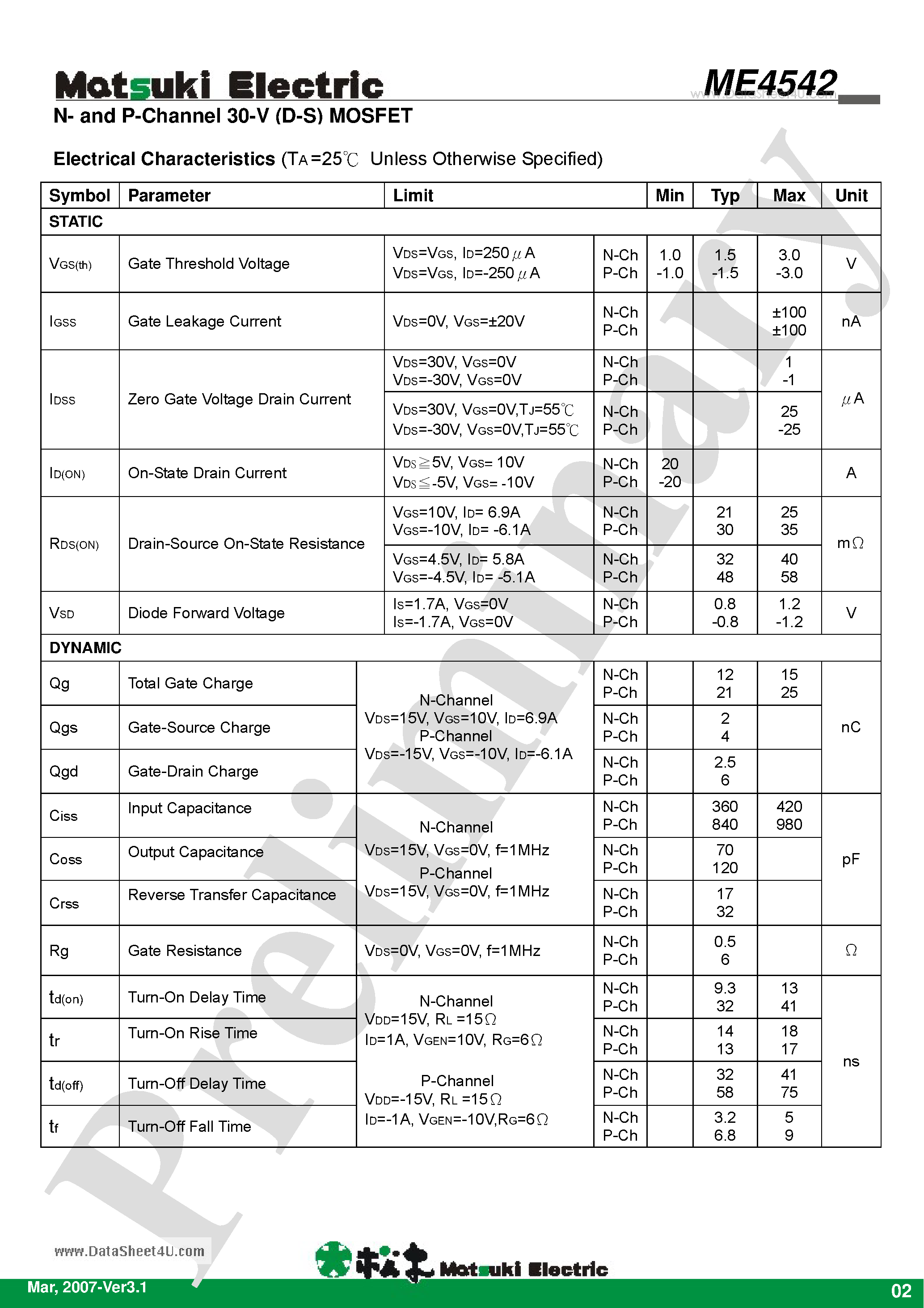 Даташит ME4542 - N- and P-Channel 30-V (D-S) MOSFET страница 2