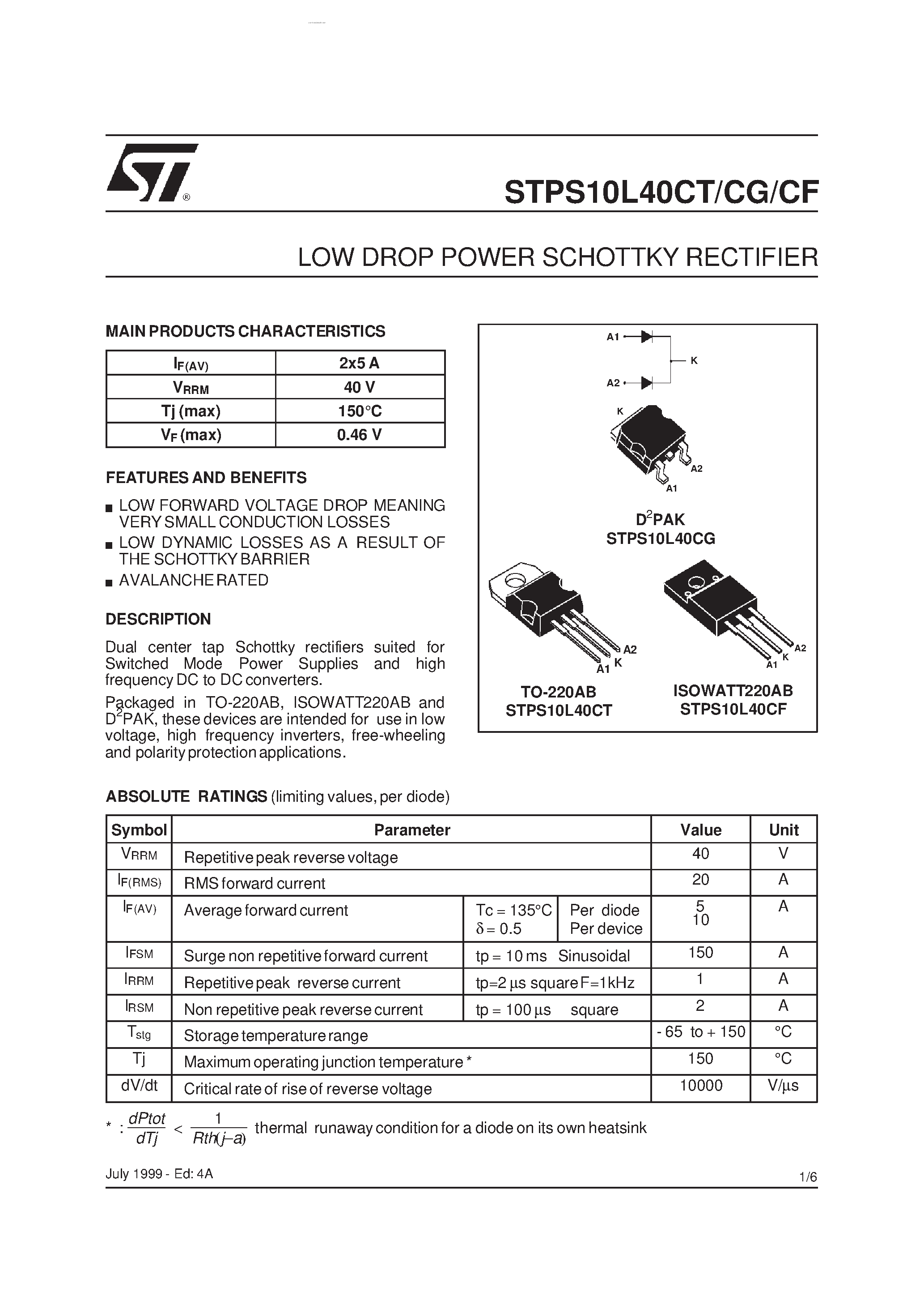 Datasheet STPS10L40 page 1 Datasheet STPS10L40 - LOW DROP POWER SCHOTTKY RECTIFIER page 1