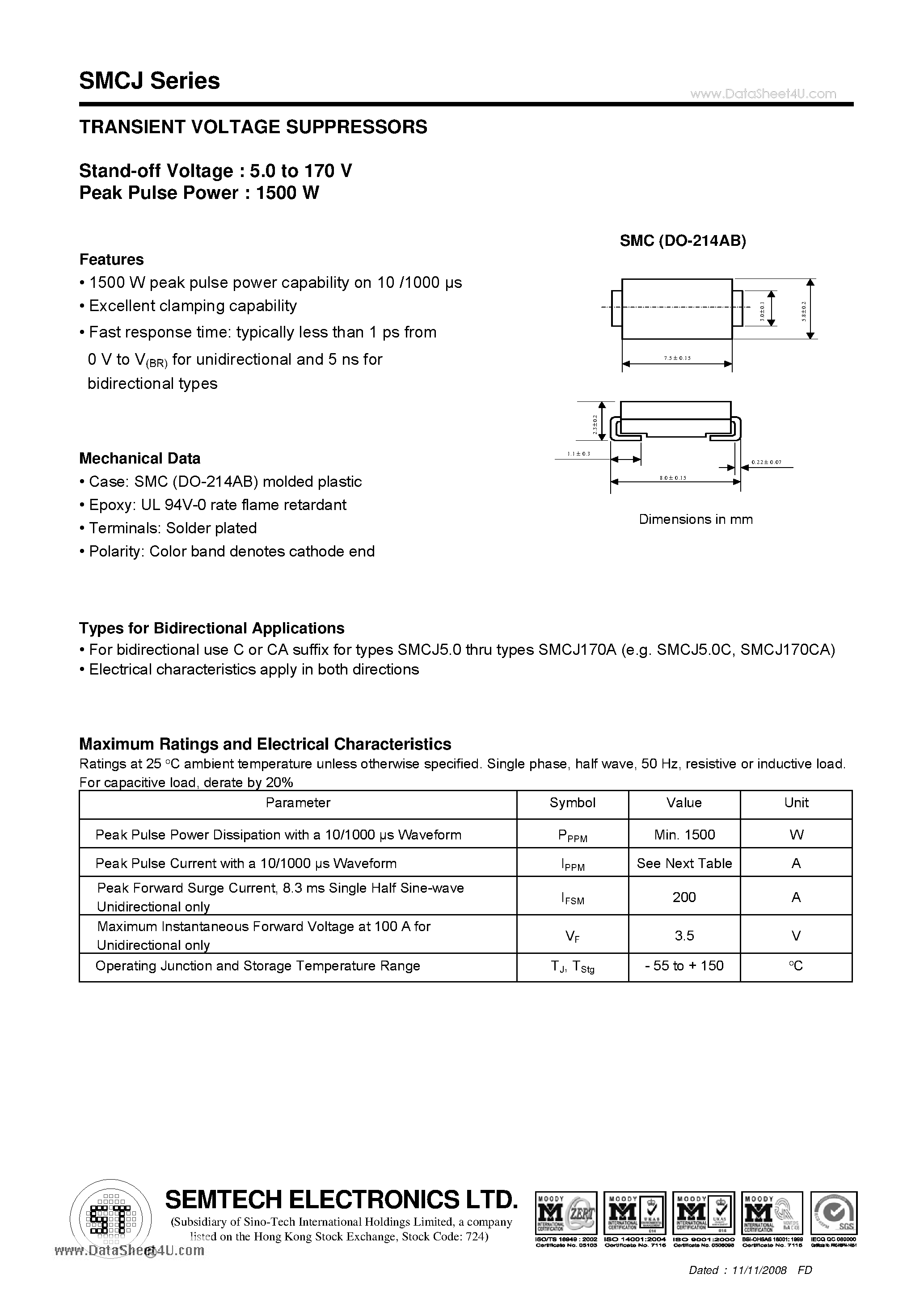 Datasheet SMCJ - TRANSIENT VOLTAGE SUPPRESSORS page 1
