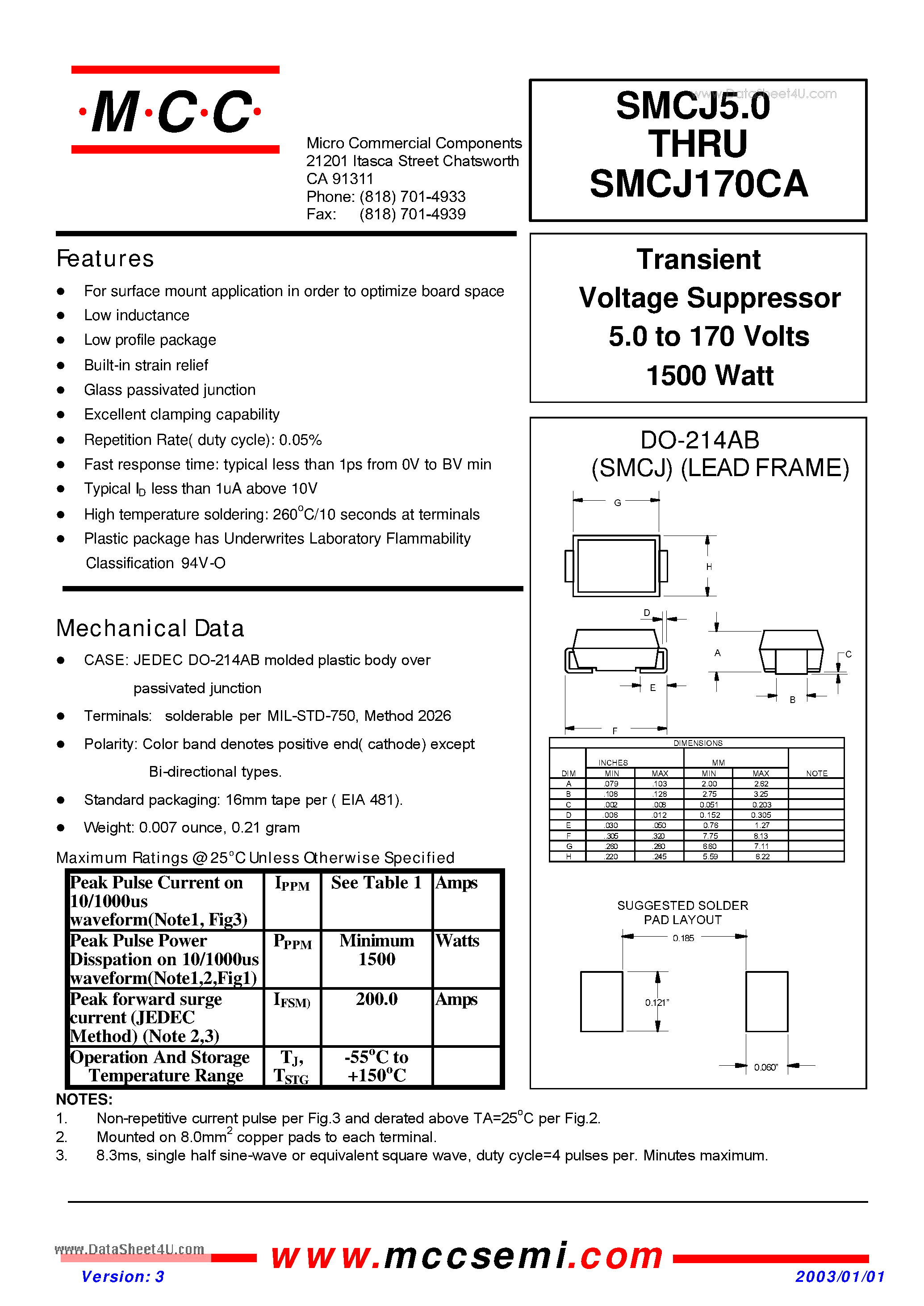 Datasheet SMCJ10 - Transient Voltage Suppressor 5.0 to 170 Volts 1500 Watt page 1
